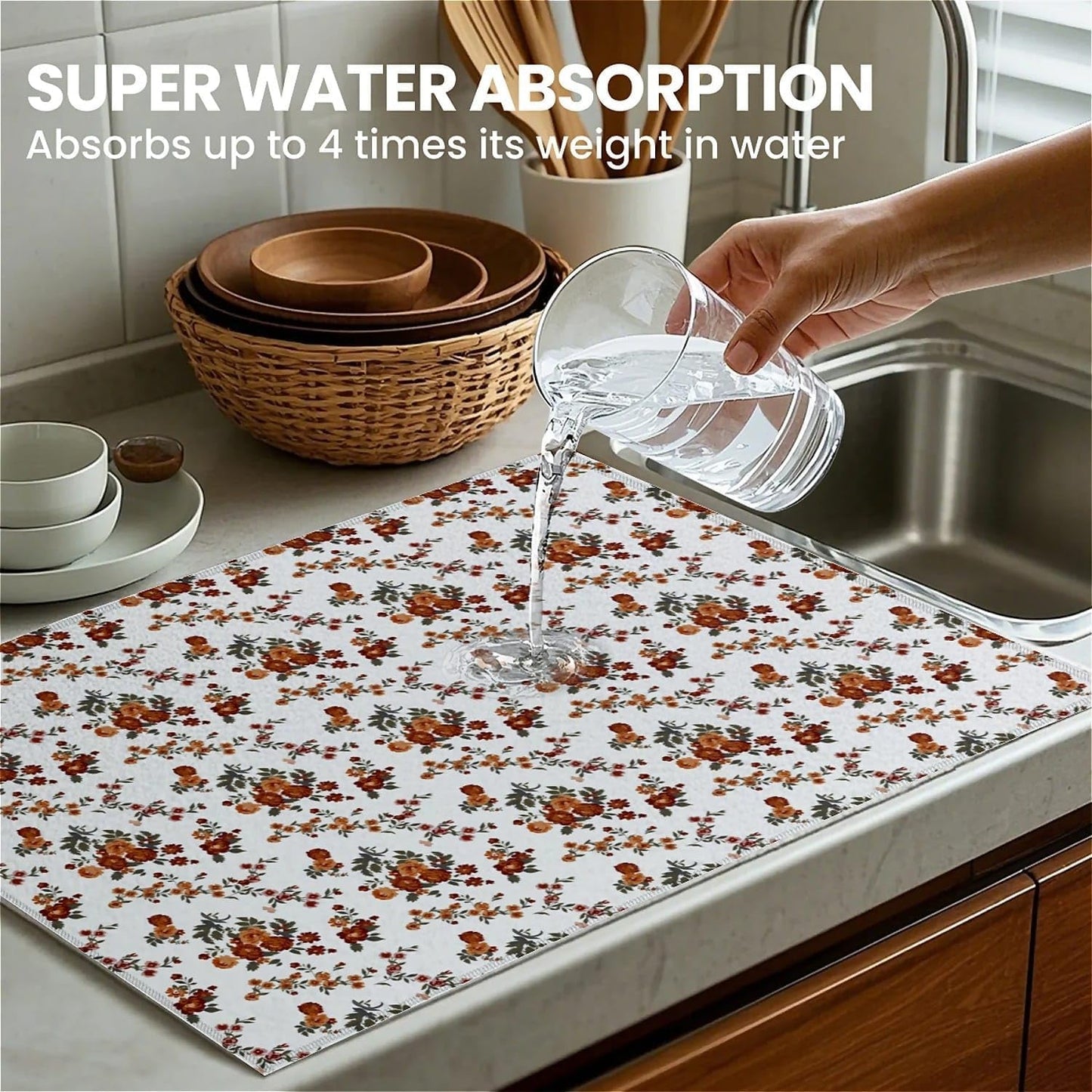 Dish Drying Mat For Kitchen Counter, Retro Brown Flowers Floral Microfiber Absorbent Dish Drainer Rack Pad Reusable Large 18x24in Drying Mat