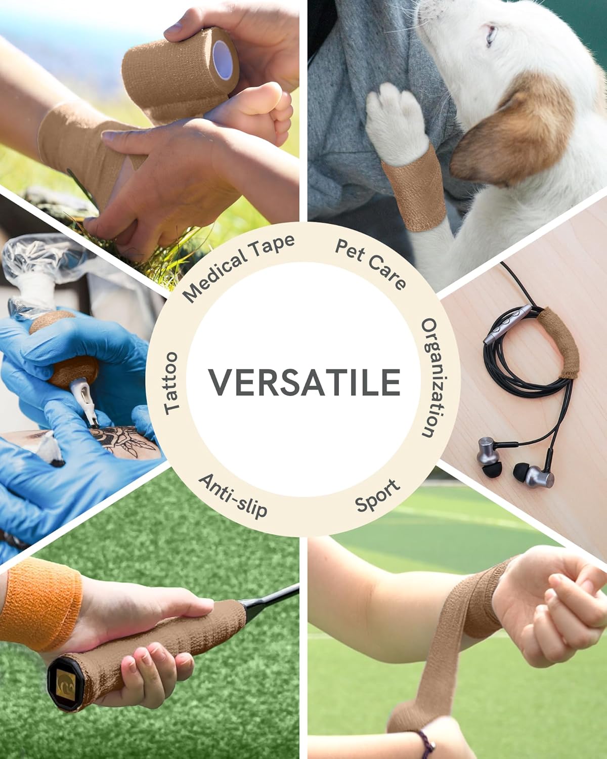 FriCARE Self Adhesive Bandage Wrap, Medical Tape in First Aid Kit, Cohesive Bandages for Wounds Sport Vet, 2 Inches X 5 Yards 6 Rolls, Walnut Brown