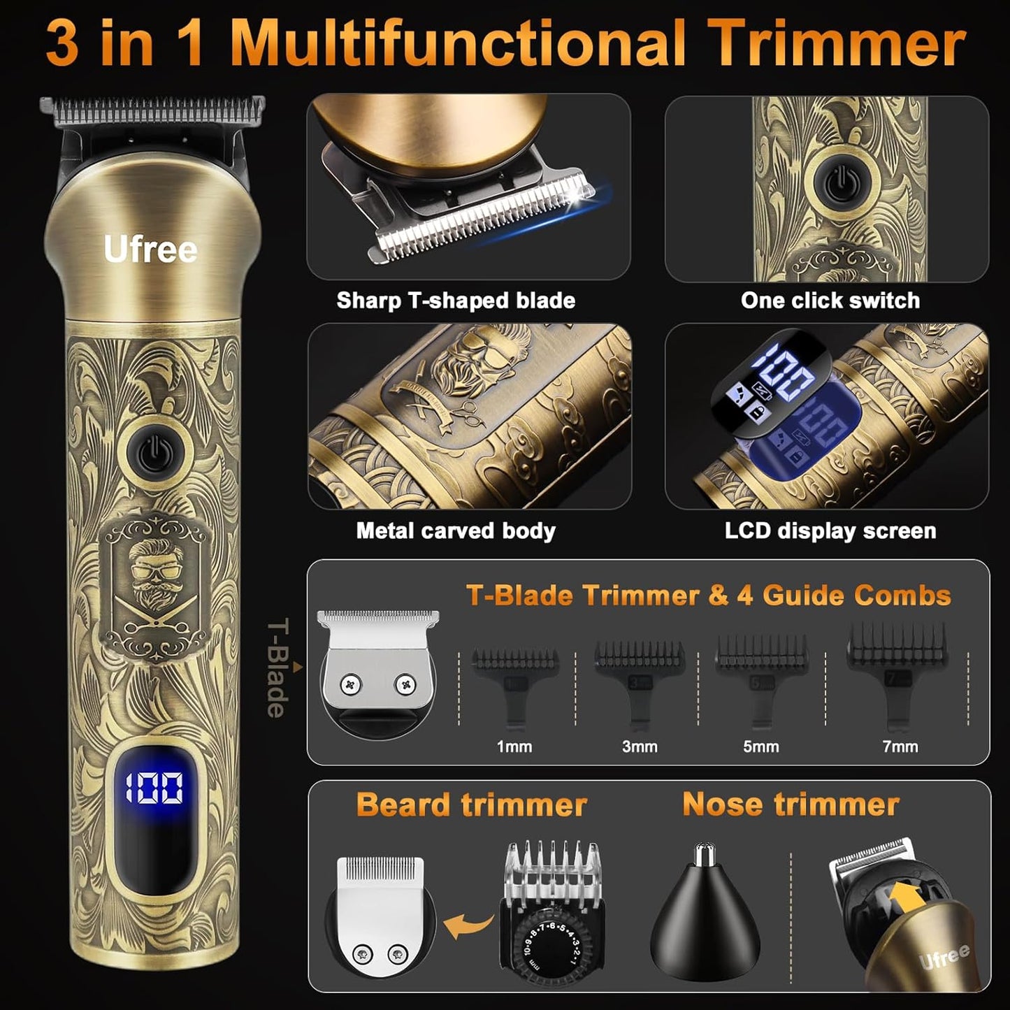 Ufree Beard Trimmer, Hair Clippers Mens Shaver Electric Razor, Hair Trimmer for Men Cordless Barber Clippers and Trimmers Set, Hair Cutting Kit for Men Grooming Gifts