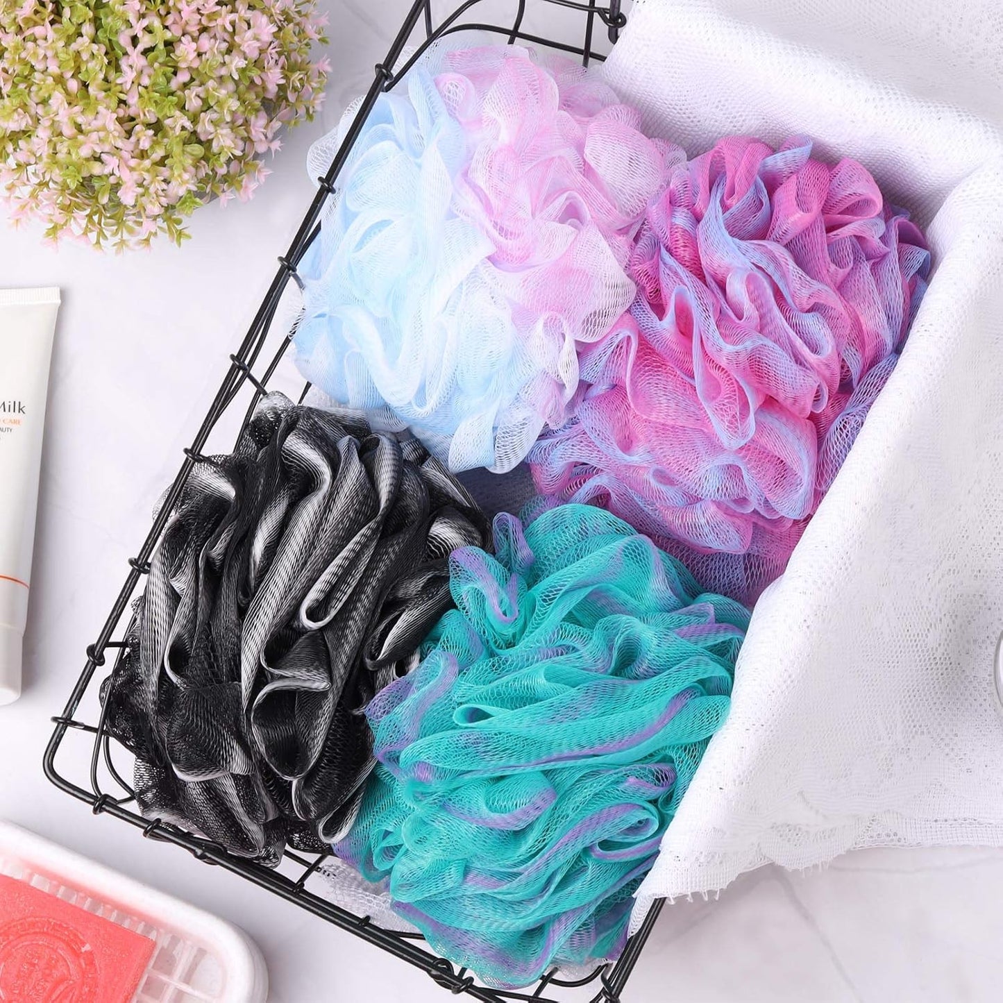 BTYMS 4 Pieces 75g/pc Shower Loofahs Large Bath Sponge Mesh Pouf Wash Puff Shower Poof Body Loofas for Bathing