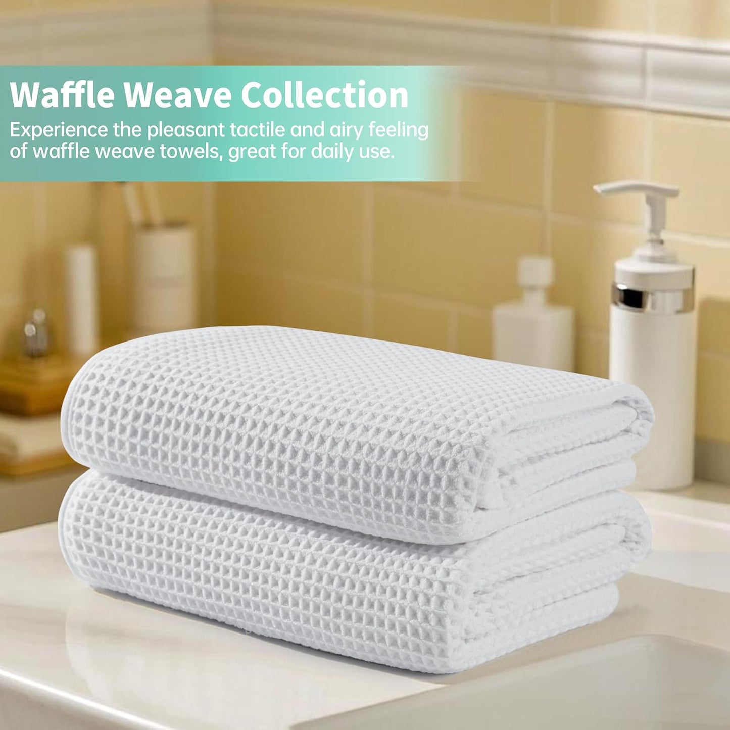 New Microfiber Waffle Bath Towels, 2 Pieces, Oversized, Soft, Absorbent, Fast Drying, Lint Free (White)