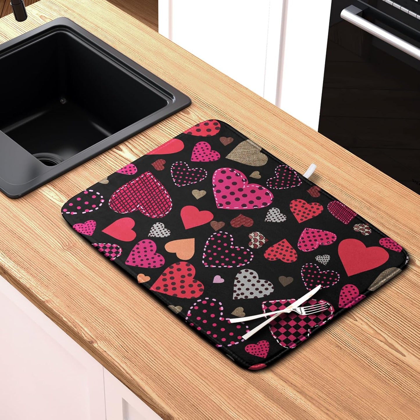 Valentine's Day Kitchen Drying Mats for Dishes 16x18 Inch Love Heart Dish Drying Mat Black Pink Polka Dots Dish Drainer Mat Super Absorbent Dish Rack Pad for Coffee Bar Sinks
