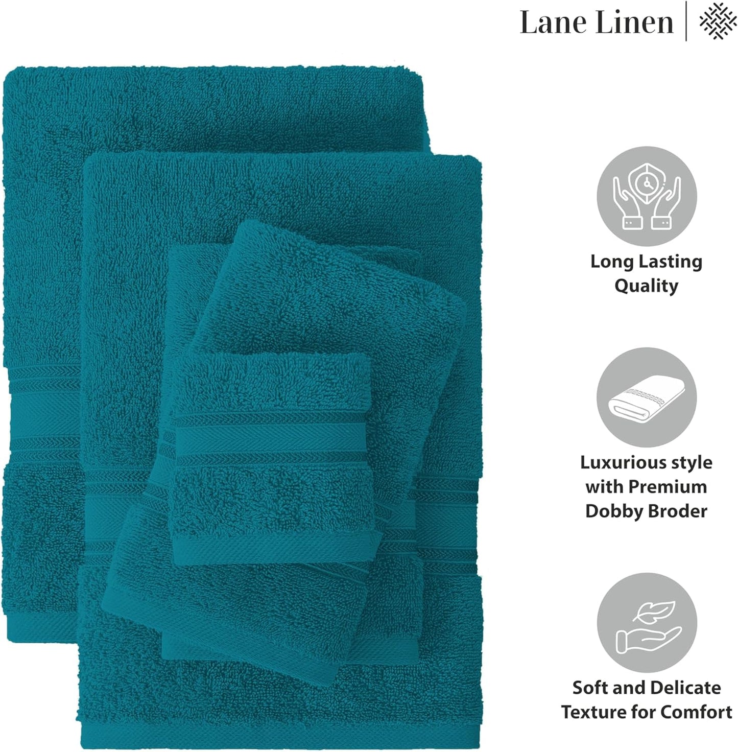 Lane Linen 100% Cotton Luxury Bathroom Towel Set - 18 Pcs - Zero Twist, Quick Dry, Super Soft & Highly Absorbent - 6 Bath Towels, 6 Washcloths, 6 Hand Towels - Tumble Dry regains Fluffiness - Sea Port