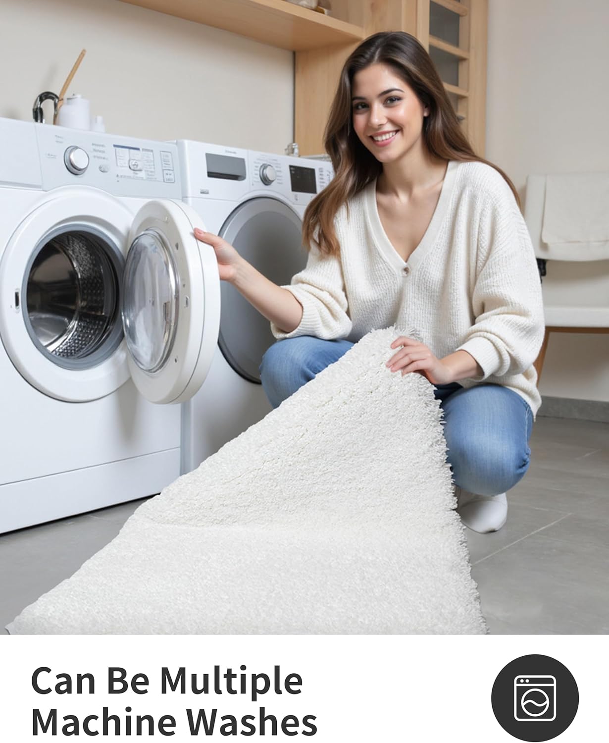 ILANGO White Bathroom Rugs 48" × 24" Non Slip & Super Absorbent Extra Thick Soft, Washable Bath Mat for Floor, Microfiber Plush Shaggy Bath Rug with Rubber for Bathtub Shower Room Sink