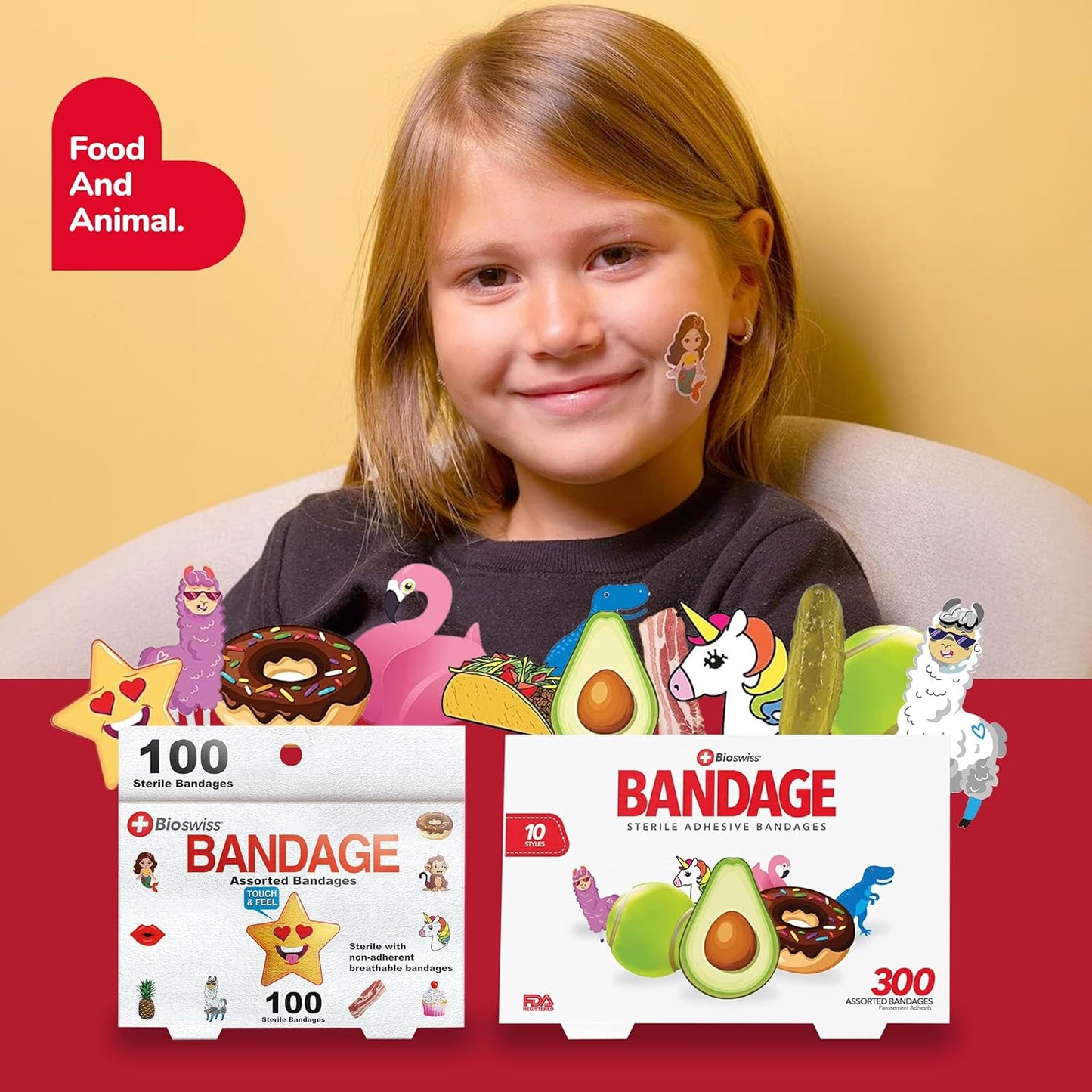 BioSwiss Kids Bandages, Assorted Animal, Fun, and Food Shaped Self Adhesive Bandage Set, Latex Free, Sterile Wound Care, 100 Count