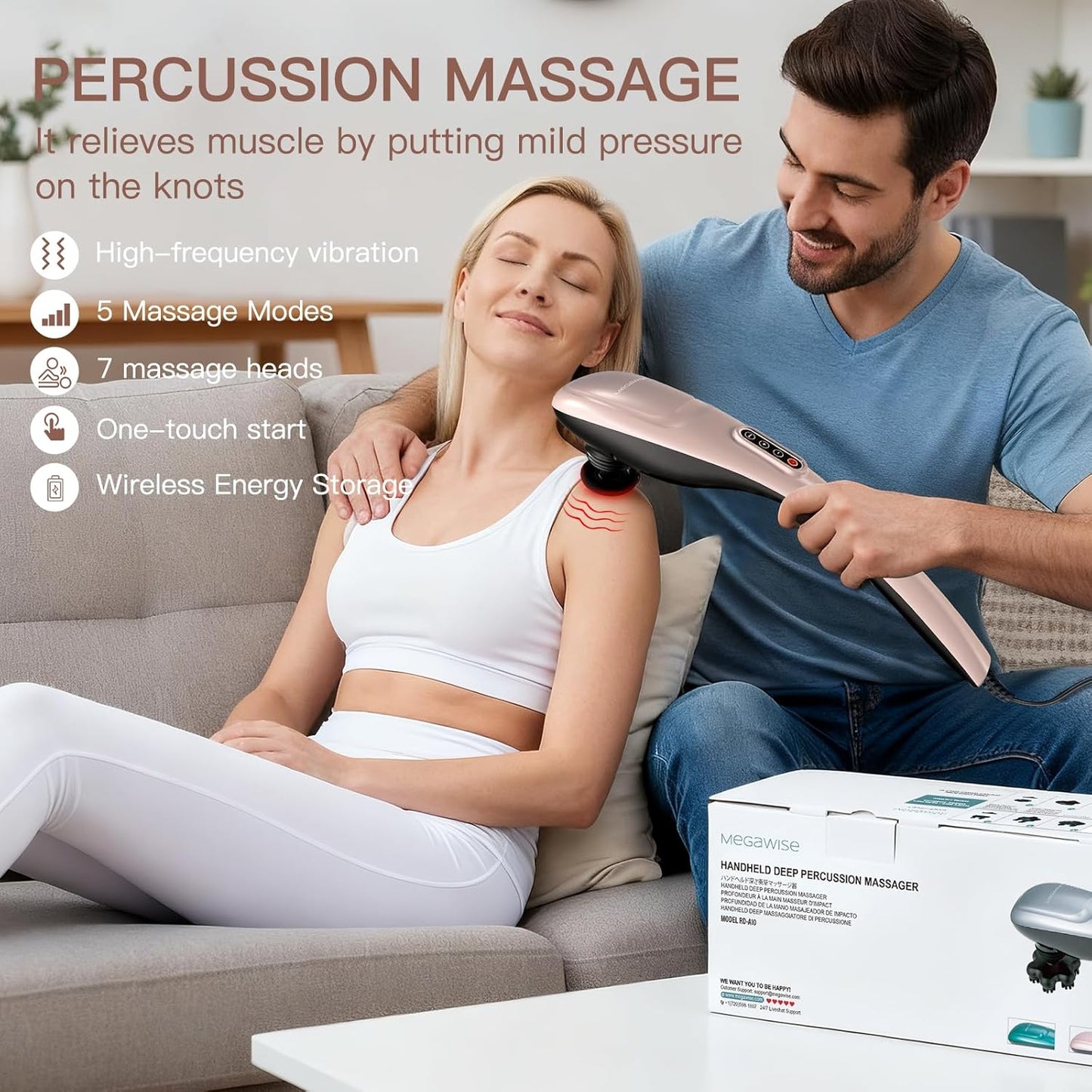 MEGAWISE Handheld Back Massager | Deep Tissue Percussion Massage for Back, Neck, Shoulders, Waist and Legs (Rose Gold)