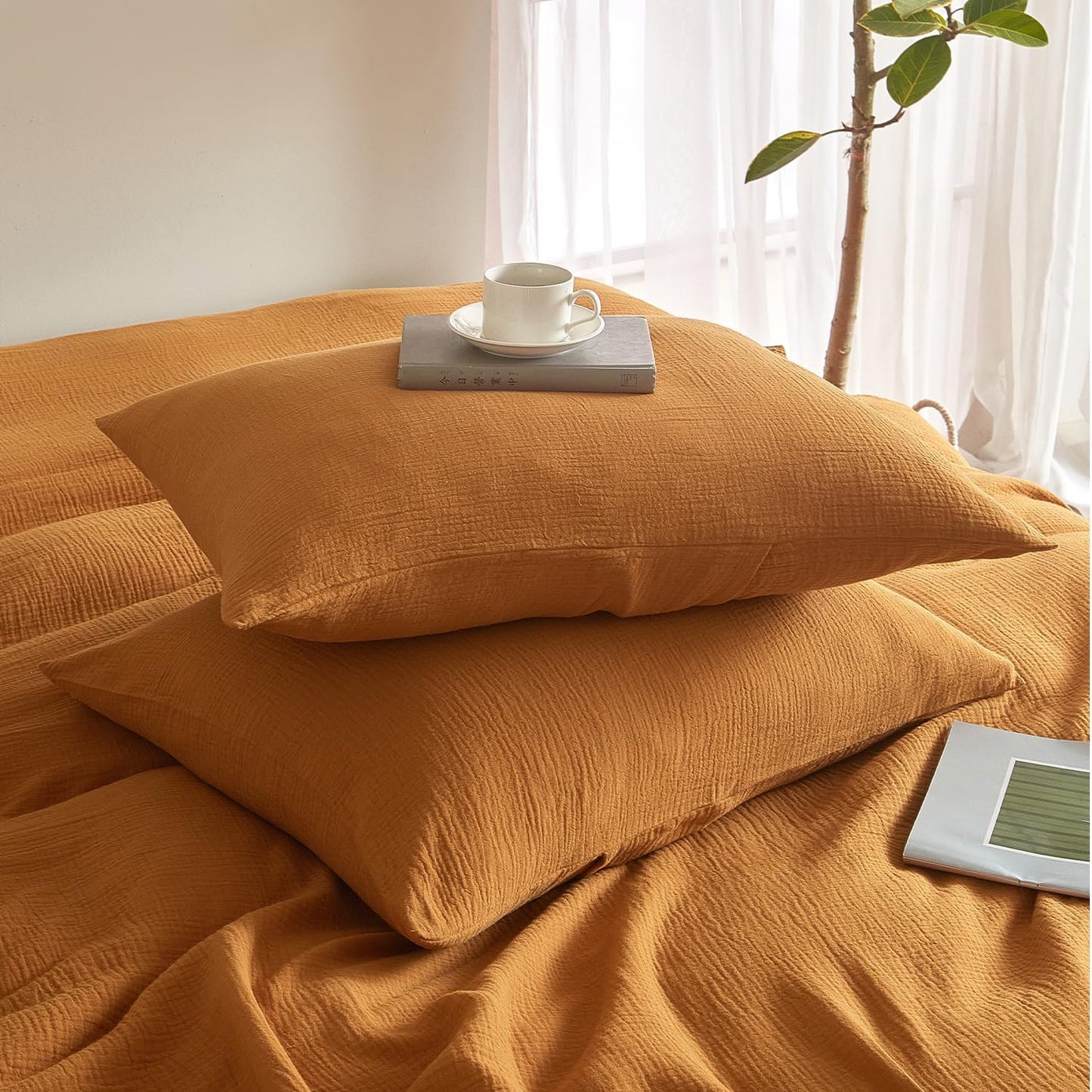 SE SOFTEXLY Muslin Pillowcases Queen Size 100% Cotton, 2 Pack Linen Like Pillow Shams with Envelope Closure, Ultral Soft and Breathable Pillow Case Covers, Pumpkin, 20" X 30", No Filling