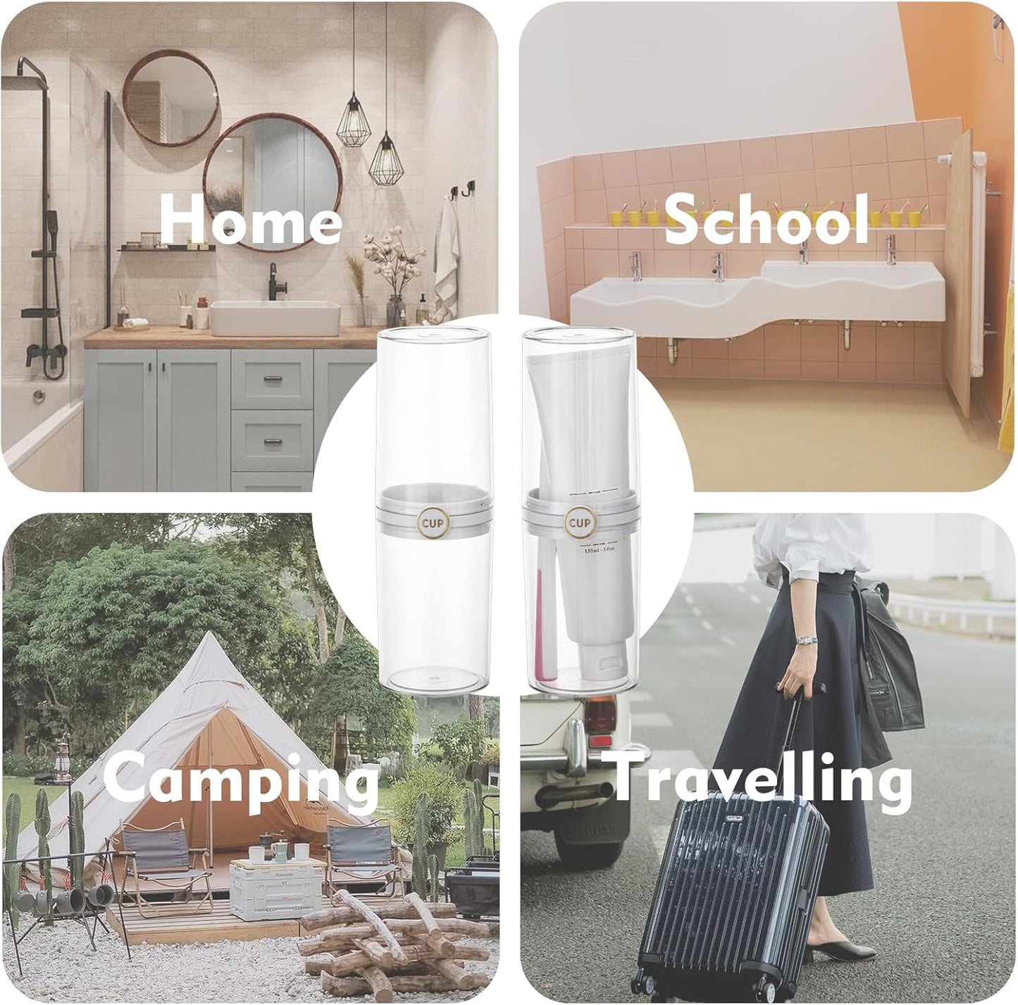 Yeeco Toothbrush Travel Case, 2 pcs Transparent Portable Toothbrush Cover with Mouthwash Cup, Plastic Cylindrical Tooth Brushing Holder for Home School Camping Travelling, 8.1 x 2.6 inches,Clear