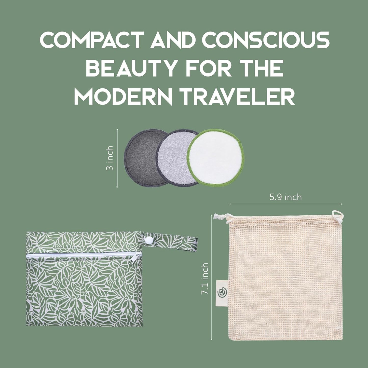 Greenzla Reusable Makeup Remover Pads Travel Set - 12 Pack Microfiber Cotton Pads, Dark Charcoal Cotton Rounds, and Bamboo Terry Face Wipes for All Skin Types with Mesh Laundry Bag and Travel Pouch