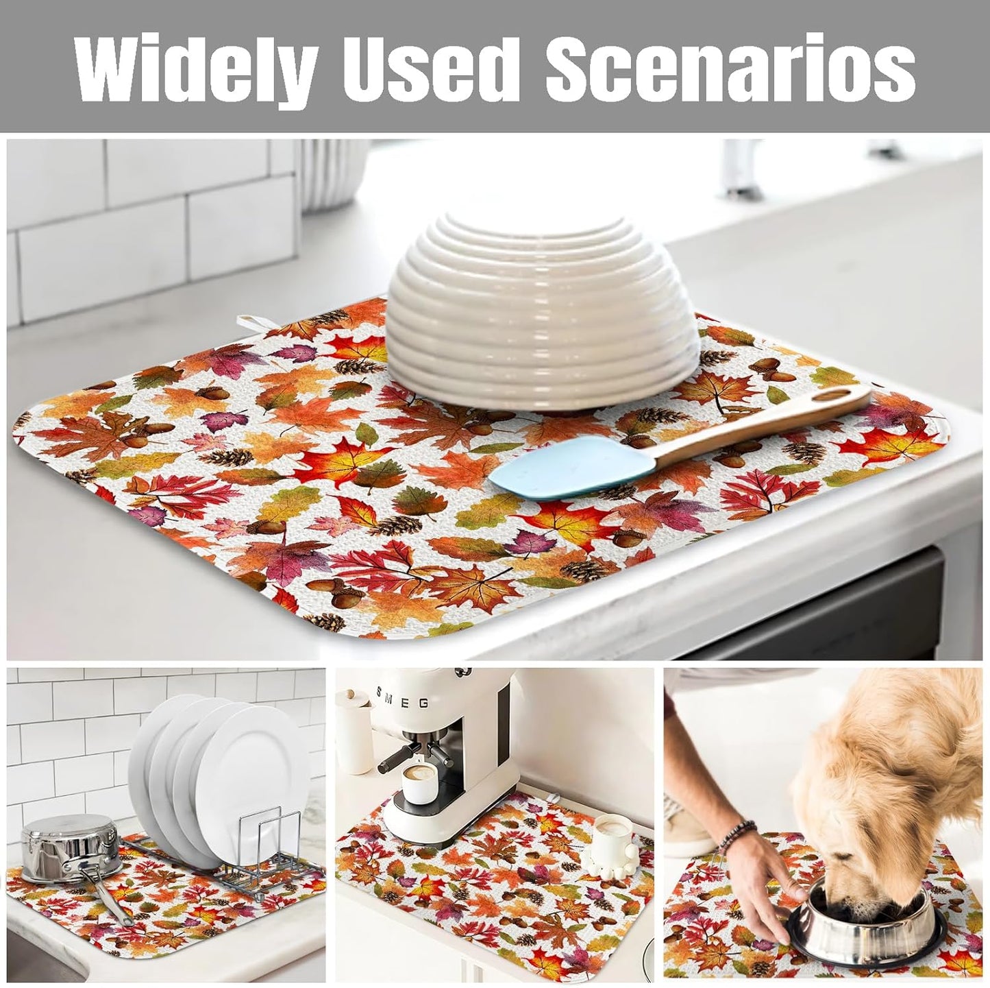 Dish Drying Mat for Kitchen Counter Large 16" x 18" Fall Leaves Absorbent Microfiber Dishes Drainer Rack Mats Pad Reusable Washable