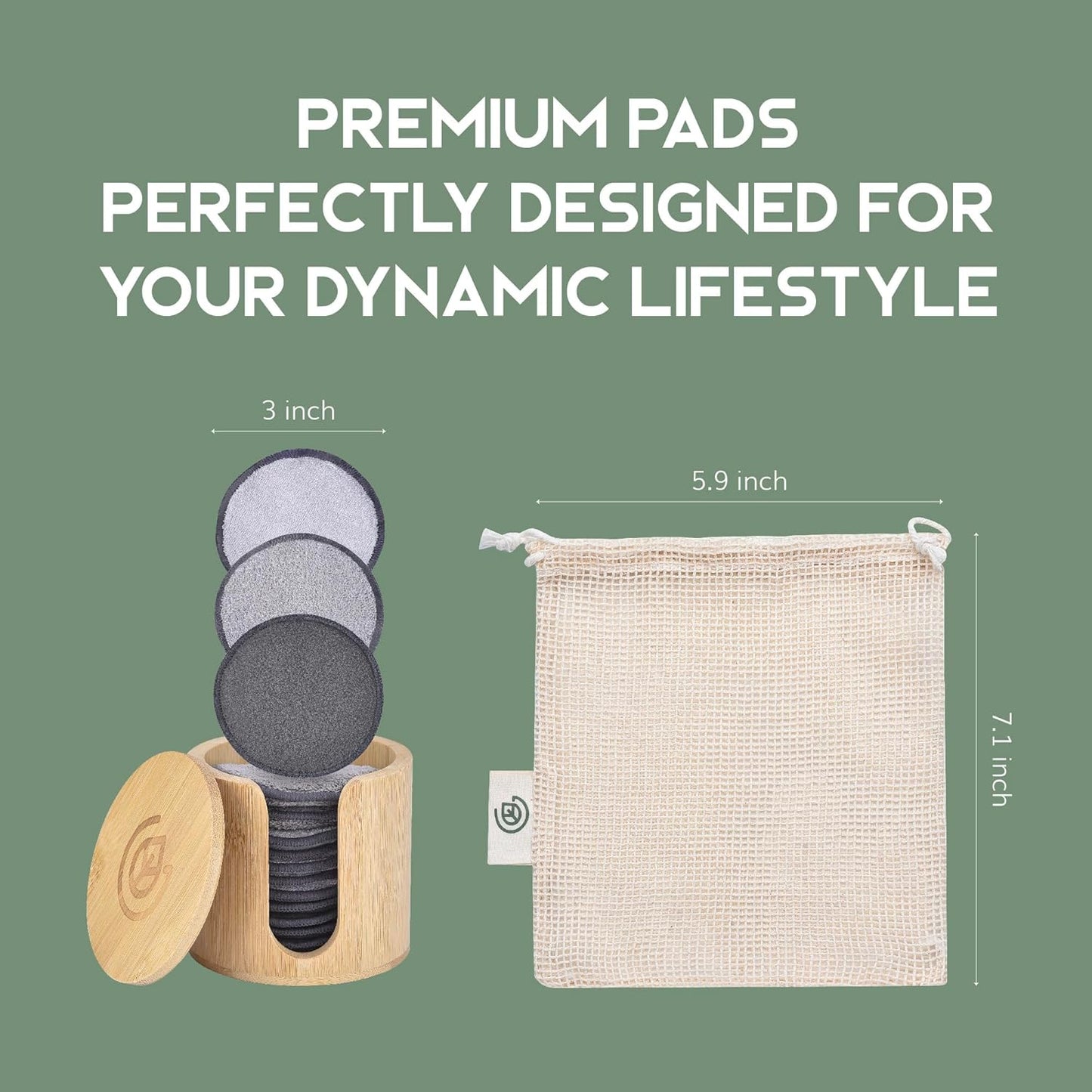 Greenzla Reusable Makeup Remover Pads Premium Set, 12 Pack Microfiber Cotton Pads, Charcoal Cotton Rounds, Bamboo Terry Face Wipes for All Skin Types with Mesh Laundry Bag and Bamboo Storage