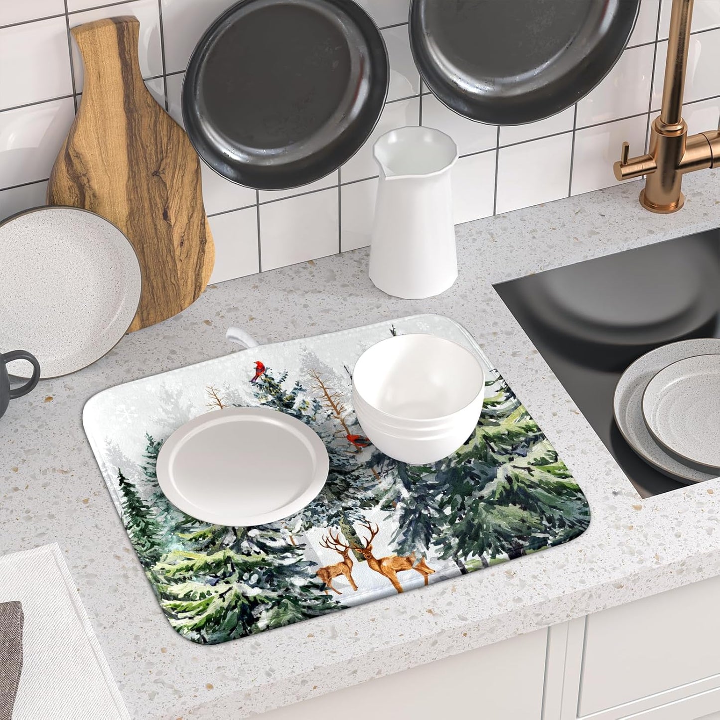 Pine Tree Dish Drying Mat for Kitchen Counter 16x18 Inch Forest Deer Absorbent Dishes Drainer Mats Reversible Microfiber Quick Dry Rack Pad