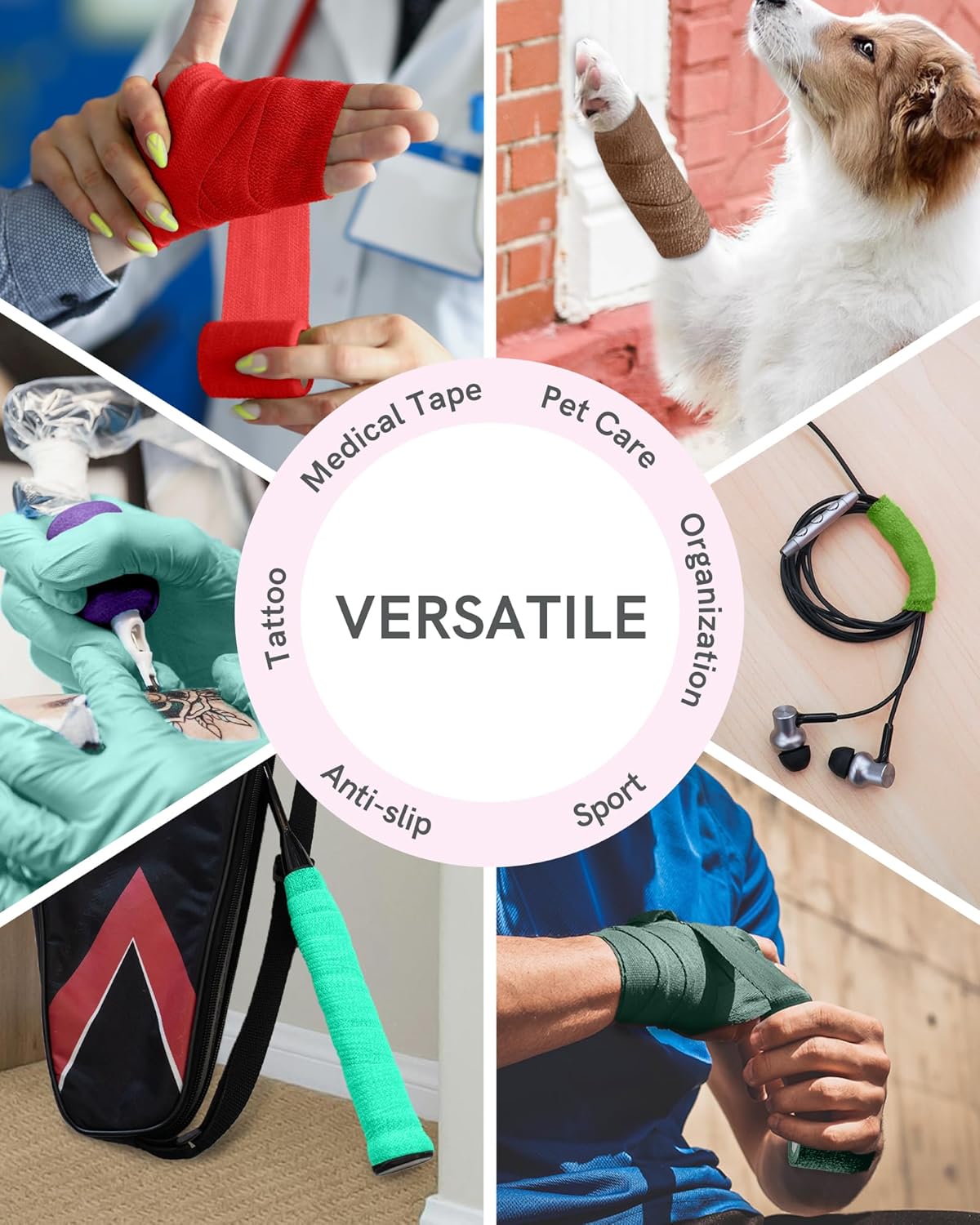 FriCARE Self Adhesive Bandage Wrap, Medical Tape in First Aid Kit, Cohesive Bandages for Wounds Sport Vet, 2 Inches X 5 Yards 12 Rolls, Palette