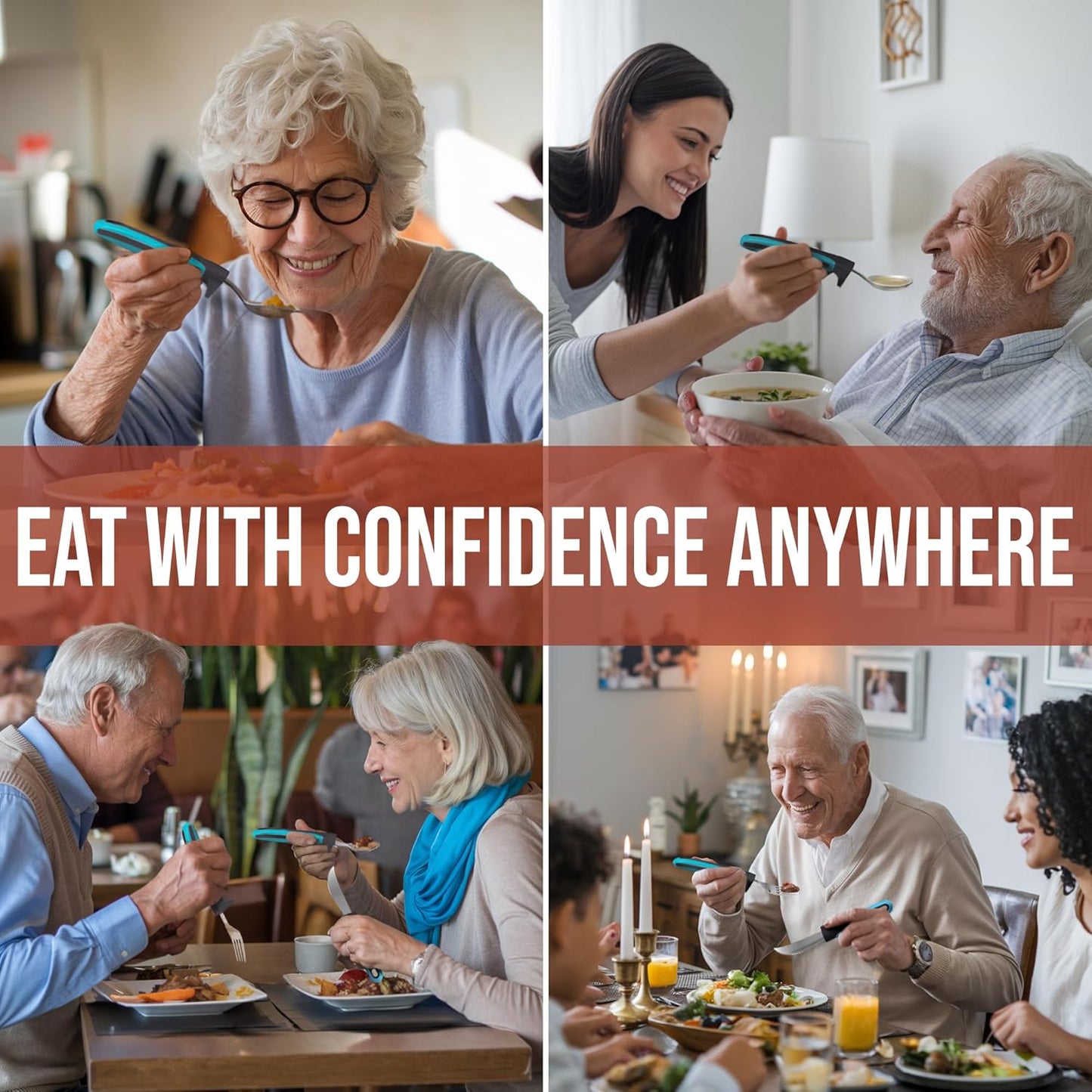 BUNMO Adaptive Utensils for Elderly, Arthritis, Weak Hand Grip, Tremors & Handicapped - Convenient Travel Pouch - 3.35oz Lightweight - Stainless Steel - Eat Independently - Adaptive Blue 4 Piece Set