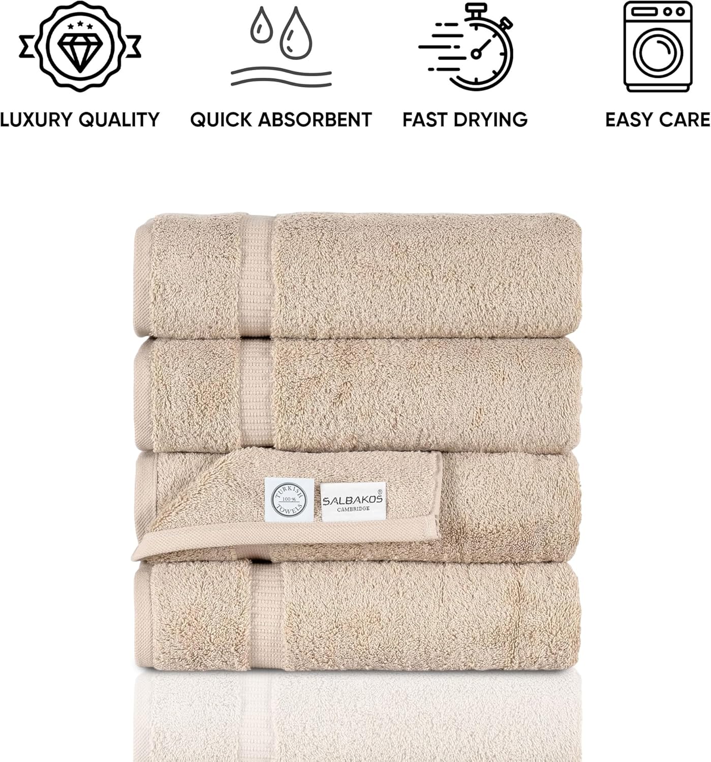 SALBAKOS 100% Turkish Cotton Bath Towel Set of 4 27x54 inch | Heirloom Quality | Hotel & Spa Collection | Ultra Soft, Super Absorbent, Long Lasting Bath Towels | Made in Turkey (Taupe, 4 Bath Towels)