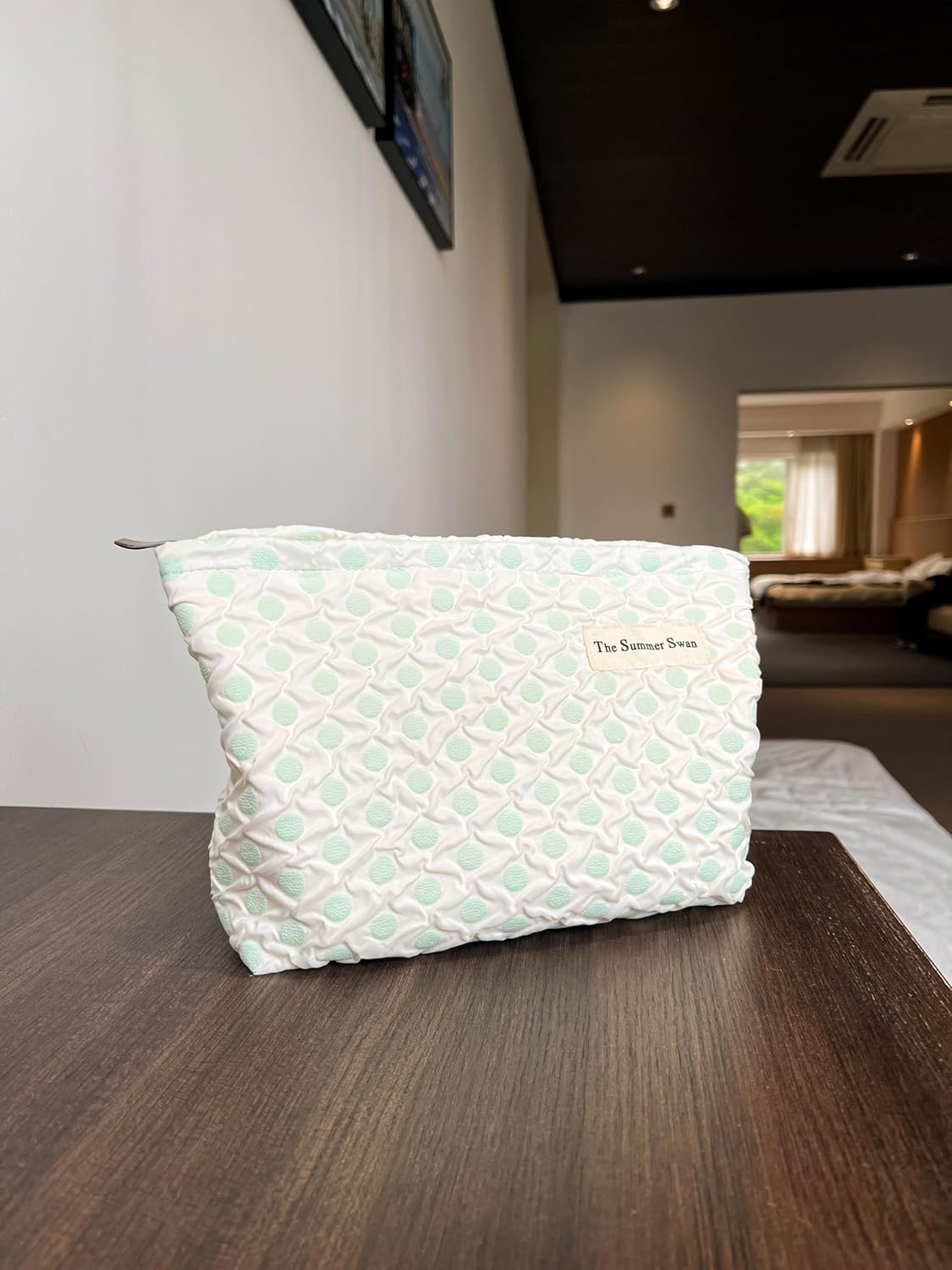 The Summer Swan | Large Floral Mid-day Clutch | Period Kit Hygiene Skincare Bag | Cute Polka Dots Green Makeup Bag