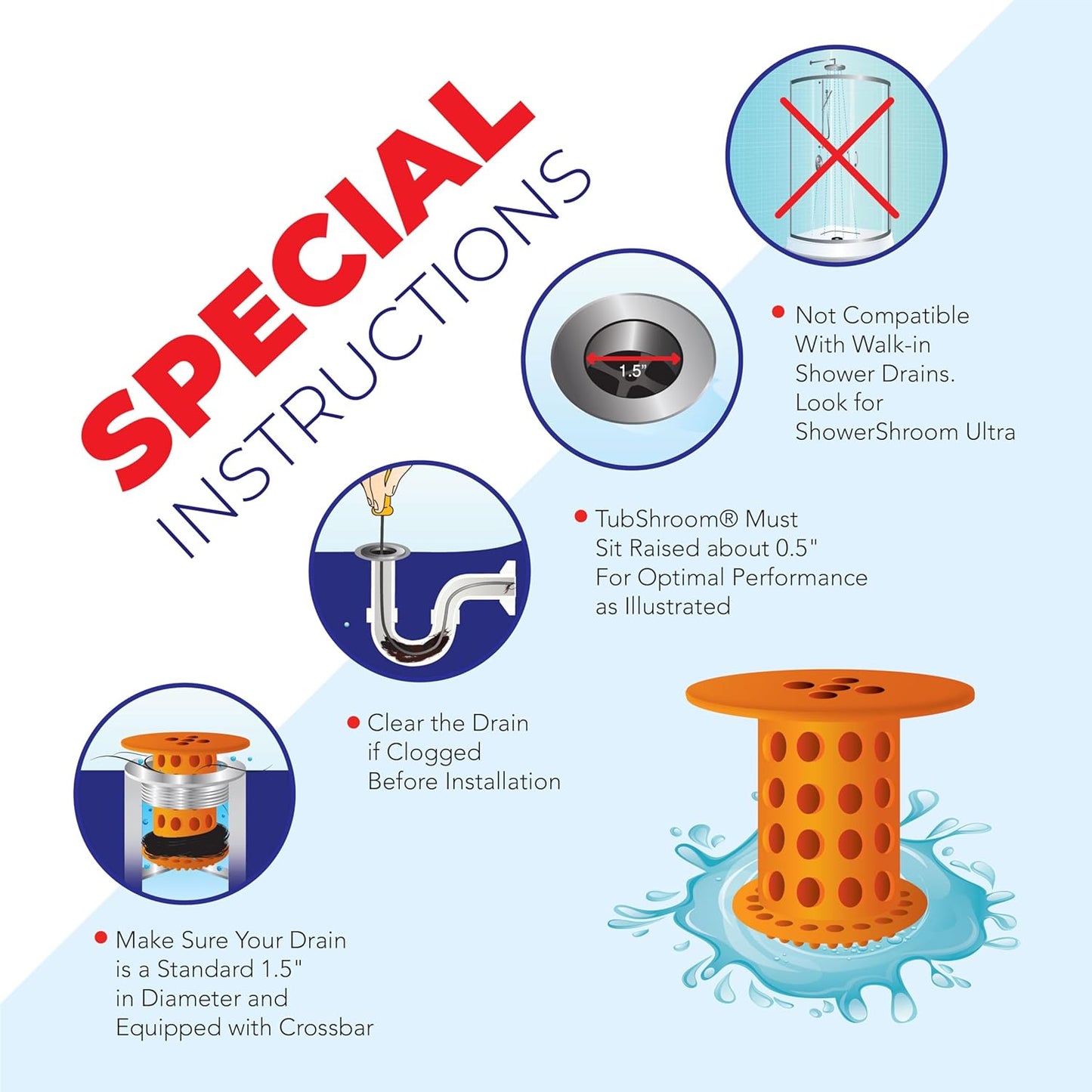 TubShroom Tub Hair Catcher Protector, Fits 1.5" - 1.75" Drain, Orange