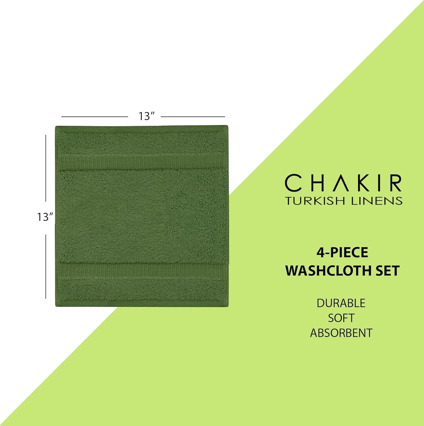 Chakir Turkish Linens | Hotel & Spa Quality 100% Cotton Premium Turkish Towels | Soft & Absorbent (4-Piece Washcloths, Moss)