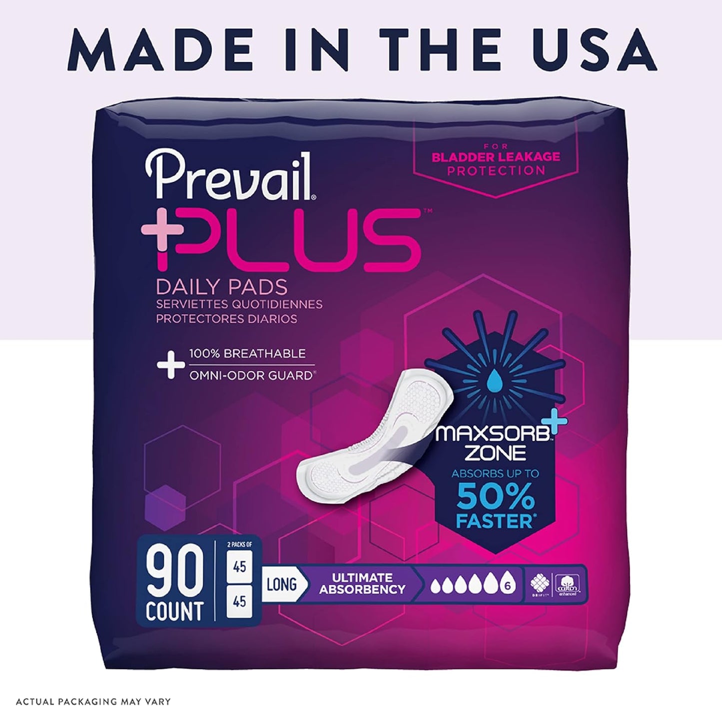 Prevail Plus | Long Length Incontinence Bladder Control Pads | Ultimate Absorbency | 90 Count (2 packs or 45)
