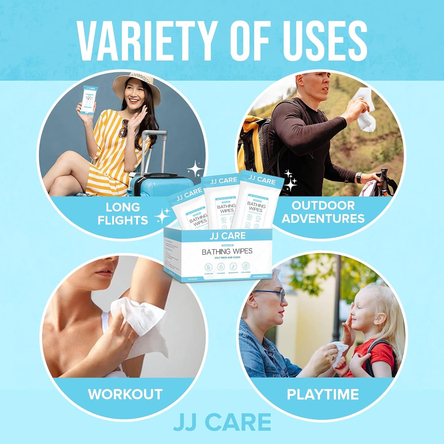 JJ CARE Body Wipes for Adults Bathing - Pack of 25 Shower Wipes For Adults Rinse Free, 200 Count Disposable No Rinse Disposable Washcloths, Waterless Body Wash for Elderly