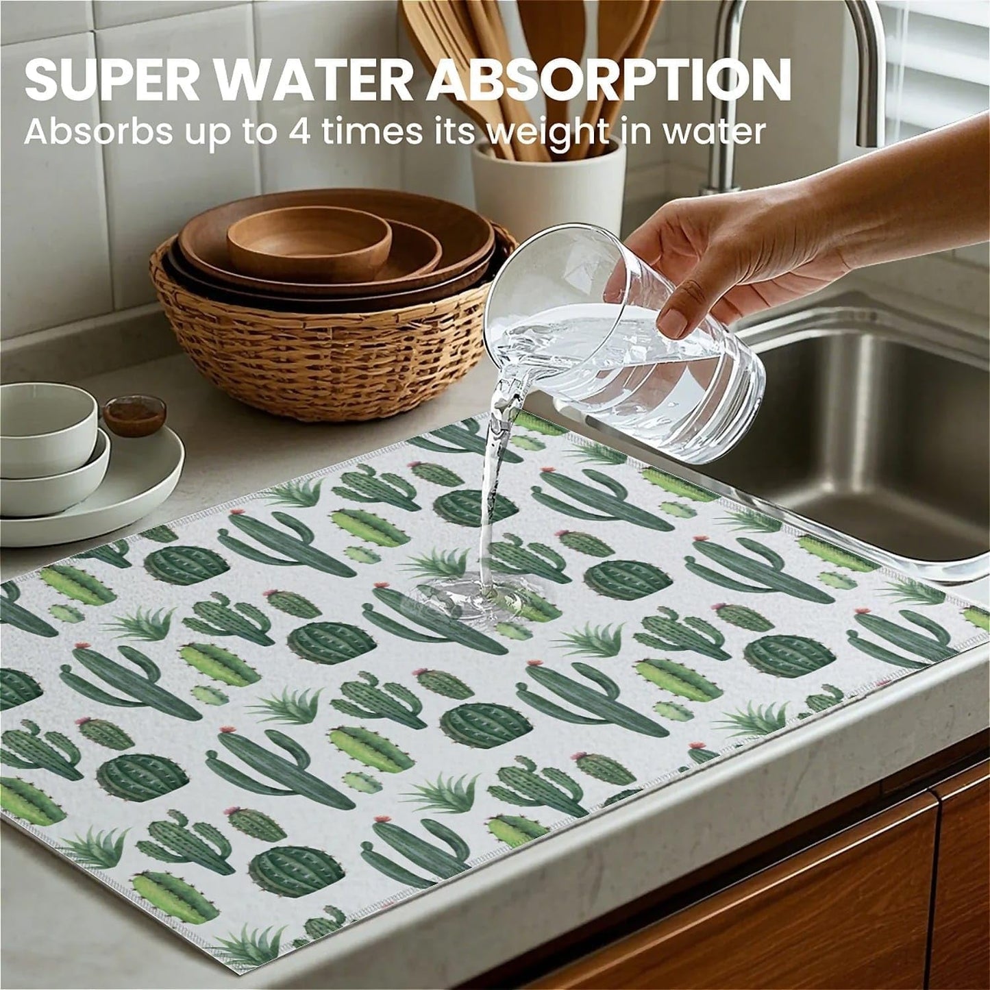 Dish Drying Mat For Kitchen Counter, Green Cute Cactus Microfiber Absorbent Dish Drainer Rack Pad Reusable Large 18x24in Drying Mat