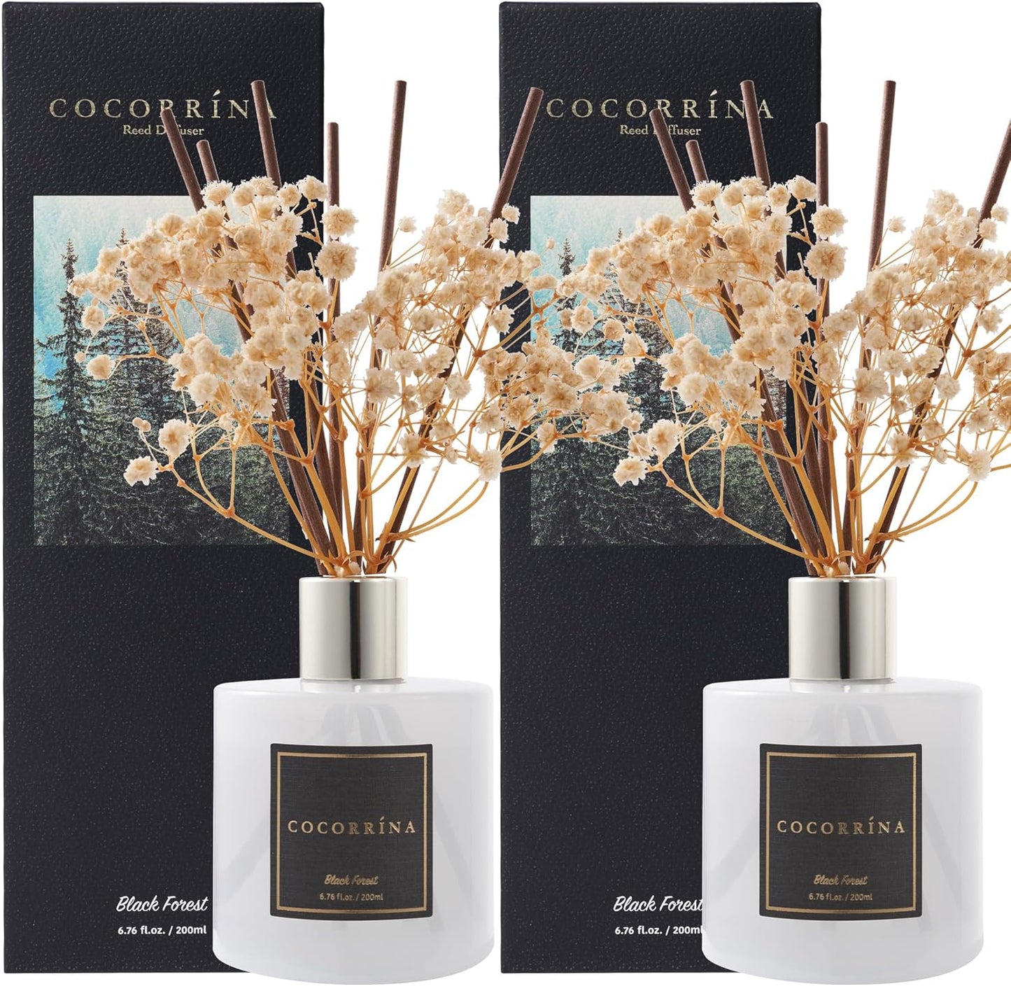 Cocorrína Premium Reed Diffuser Set with Preserved Baby's Breath & Cotton Stick Black Forest 2 Packs, 6.7oz Scent Fragrance Oil Diffuser for Bedroom Bathroom Home Décor