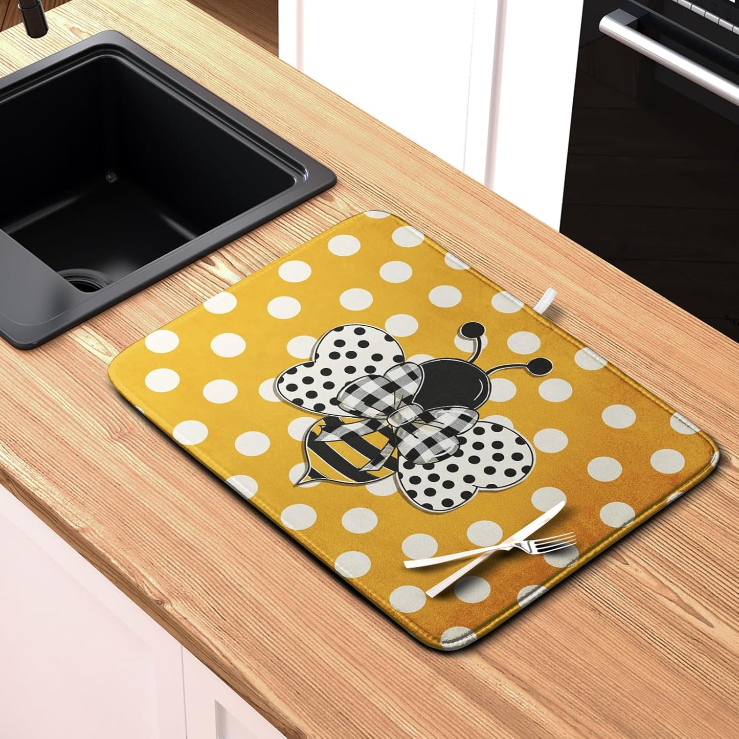 Bee Dish Drying Mat for Kitchen Counter 16x18 Inch Yellow Honey Bees Polka Dots Dishes Pad Cute Bumblebee Dish Draining Microfiber Absorbent Dish Drainer Rack Mat Medium Kitchen Accessories