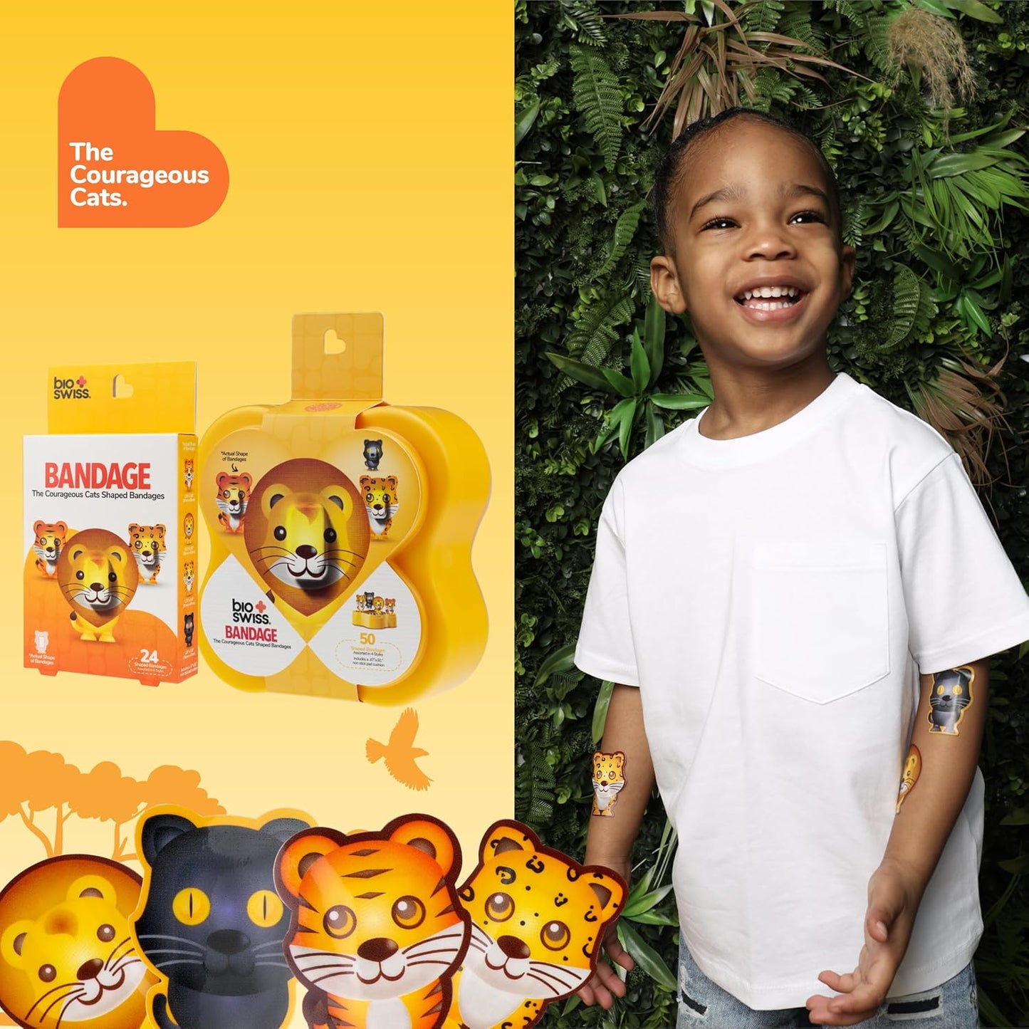 BioSwiss Kids Bandages, Courageous Cats Shaped Self Adhesive Bandage Set, Latex Free, Sterile Wound Care, 24 Count