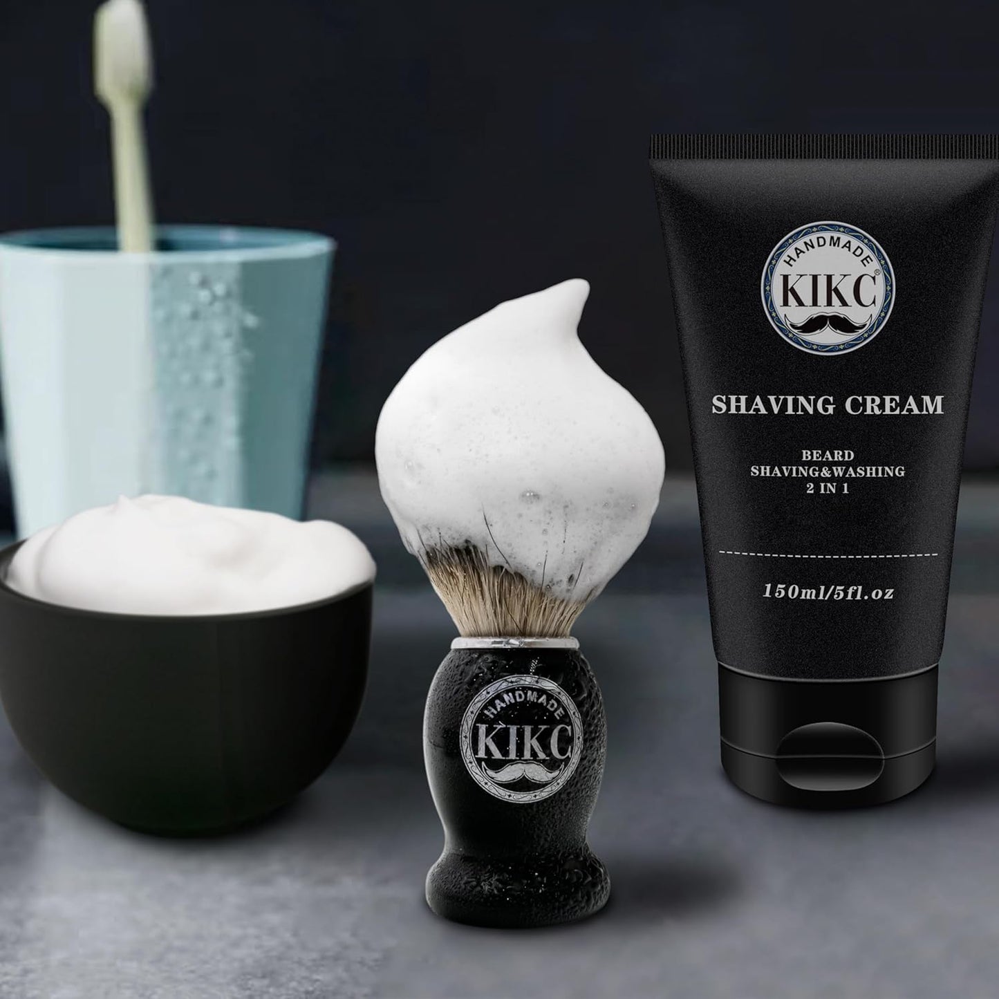 5 in 1 Shaving Kit for Wet Shave, Set Includes Hand Crafted Pure Badger Shave Brush, Stainless Steel Lathering Soap Bowl, Shave Brush Stand, Shaving Cream, Best Gift for Bearded Man, Deluxe Black