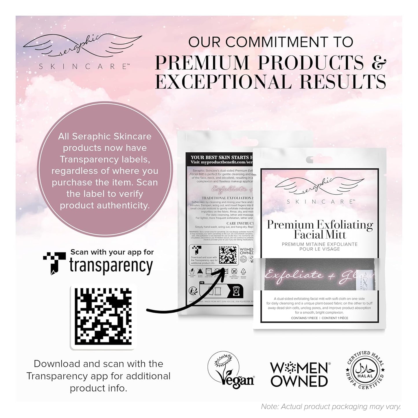 Seraphic Skincare Premium Exfoliating Facial Mitt 2 Pack – 100% Vegan Dual-Sided Face Mitten with Viscose & Washcloth – Facial Scrub Pad for Gentle Cleansing & Exfoliation – Natural Dead Skin Remover