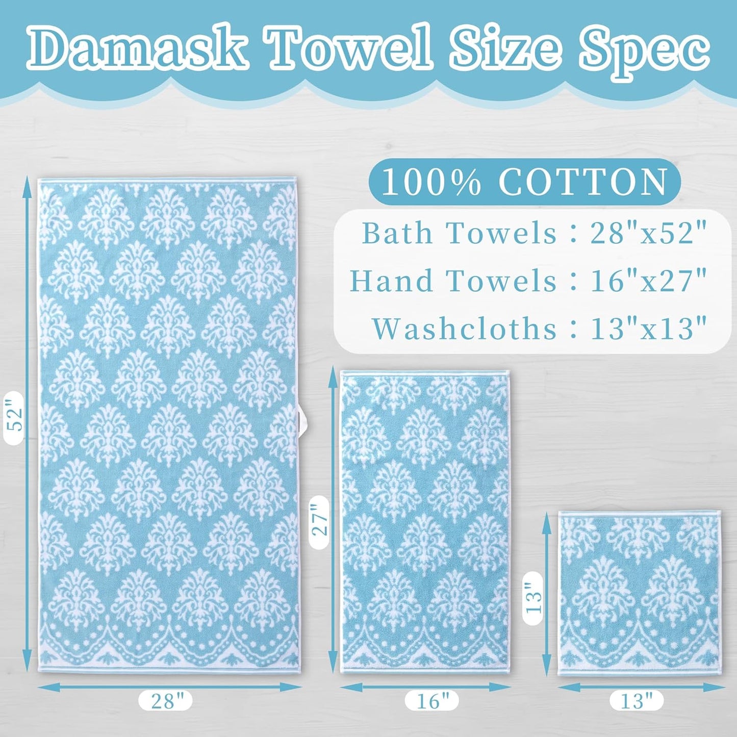 Hand Towels for Bathroom, Bath Hand Towel Set of 4, 16"x27" - 100% Cotton | Quick Dry | Soft | Light Weight | Absorbent, Jacquard Decorative Hand Towels Set, Aqua and White Damask Patterned