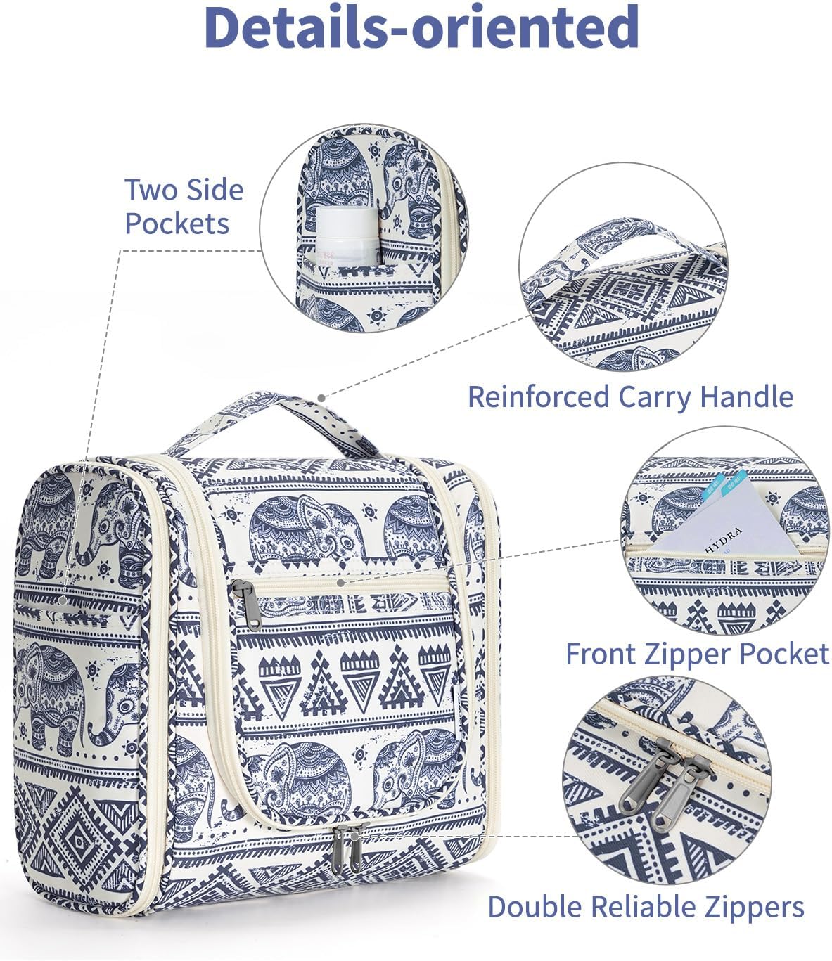 Narwey Hanging Toiletry Bag for Women Travel Makeup Bag Organizer Toiletries Bag for Cosmetics Essentials Accessories (Large, Elephant)