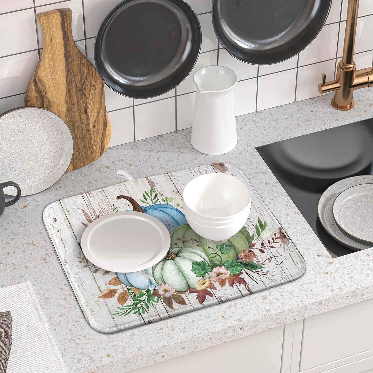 Fall Blue Pumpkin Dish Drying Mat 16x18 inch Autumn Harvest Dish Rack Mats Reversible Microfiber Drainer Pad for Kitchen Countertop Decor