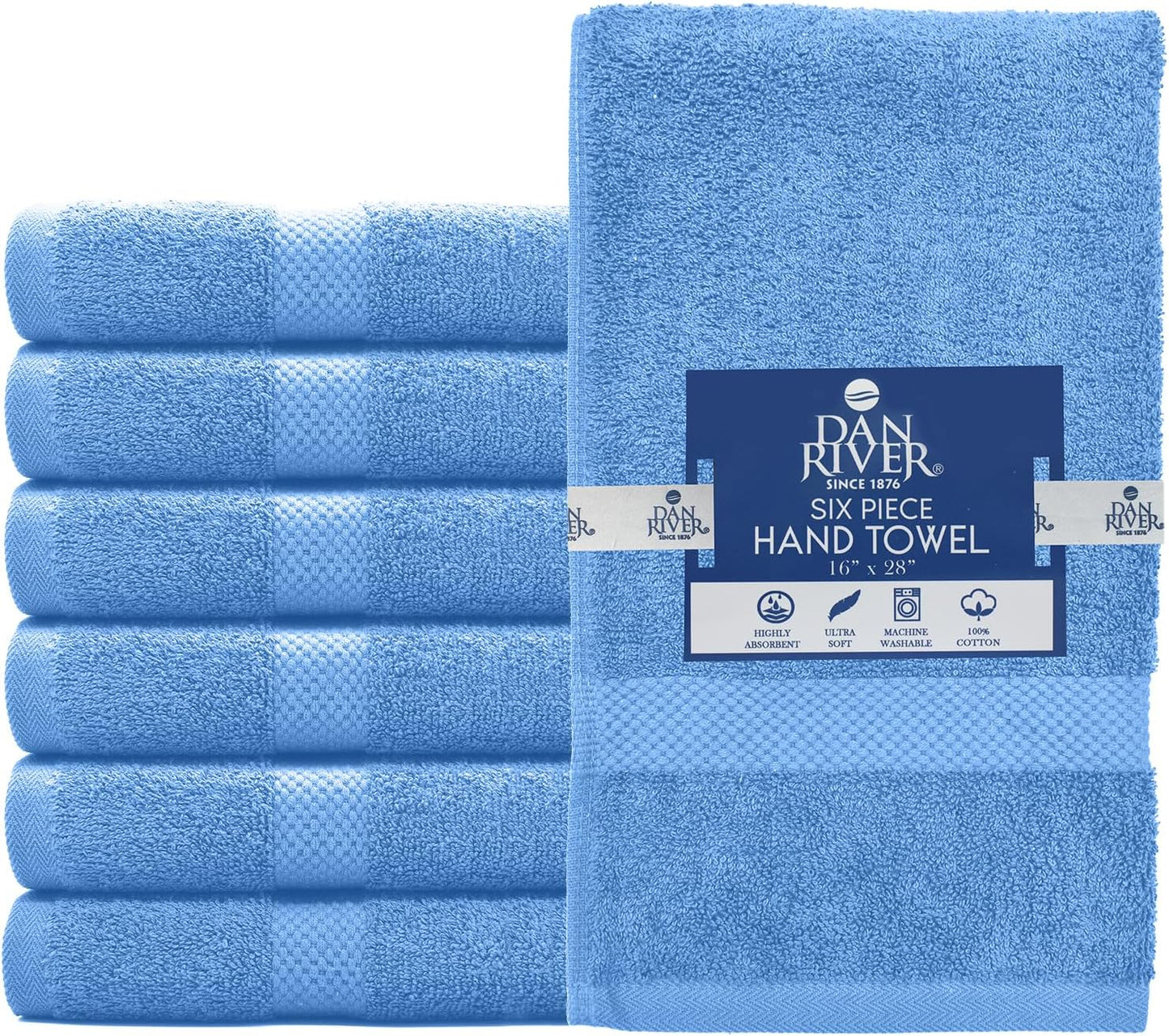DAN RIVER 6-Pack Premium Hand Towels (16x28 Inches) - 100% Cotton, Ultra Soft, Lightweight, Highly Absorbent Towels for Bathroom, Spa, Gym, Salon, Hotel, and Travel - 550 GSM โ M-Blue