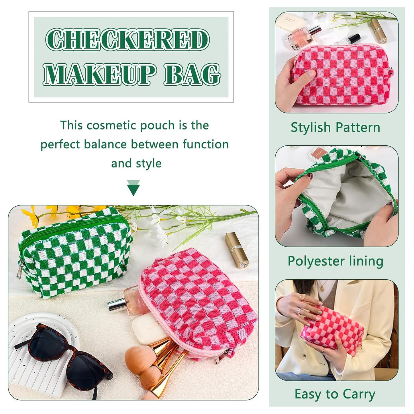 ZLFSRQ 2Pcs Checkered Pencil Case Cute Pencil Pouch for Teens Checkered Makeup Bag Medium Travel Cosmetic Bag Preppy Makeup Pouch for Purse Aesthetic Zipper Toiletry Bags Organizer(Pink/Green)