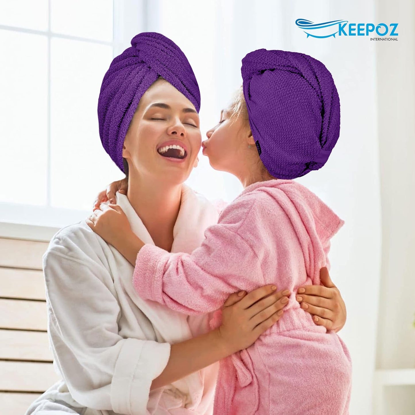 KEEPOZ Hair Towel Wrap Quick Dry 100% Cotton Super Absorbent Turban Head Wrap for Women with Button, Non Microfiber Anti Frizz Hair Products, Hair Cap for Curly, Long Hair (Purple Check, 2 Pcs)
