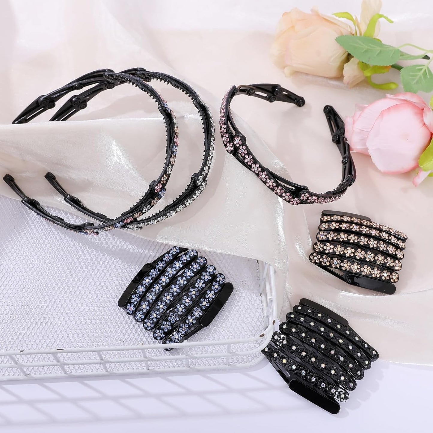 Sparkle Headbands with Foldable Design Glitter Rhinestone Flower Headband Non Slip Hairband with Teeth Bling Hair Hoop Hair Accessories for Women Girls with 6PCS