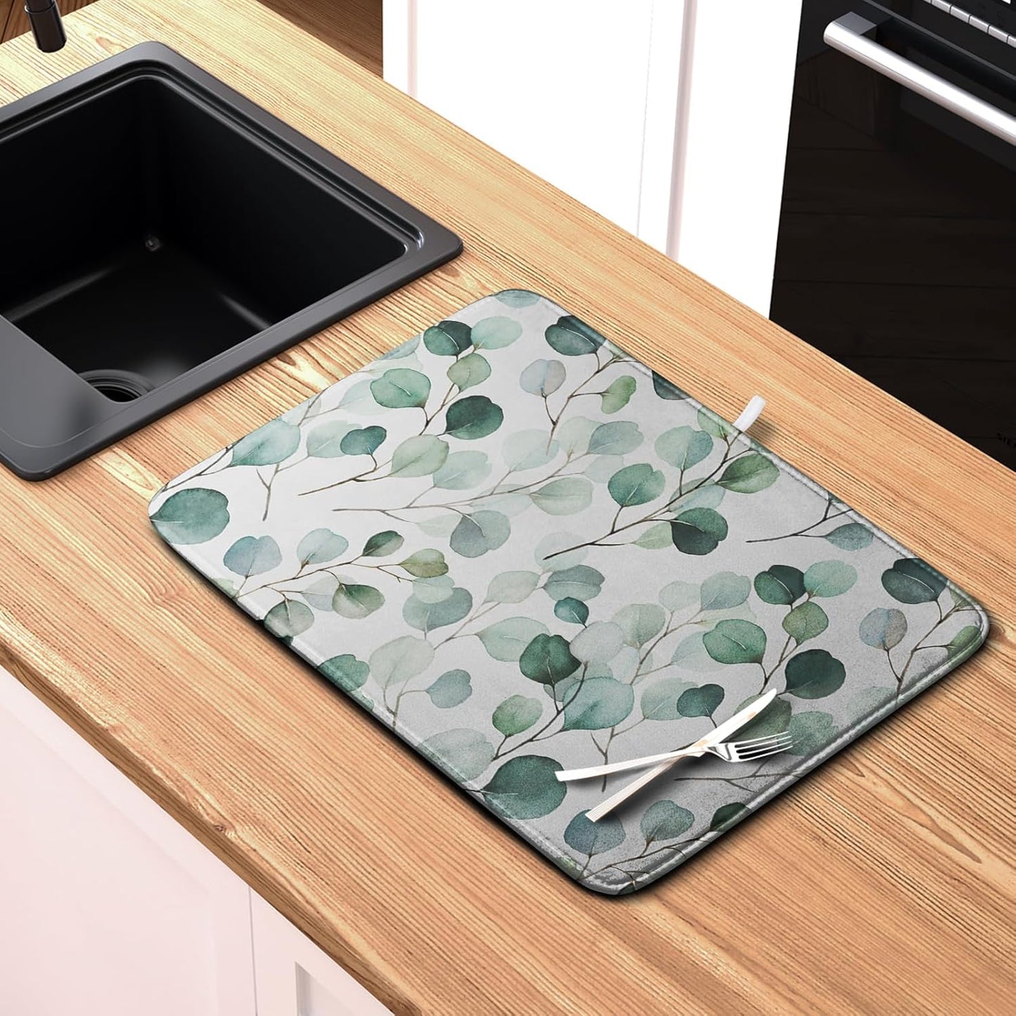 Green Leaves Dish Drying Mat Eucalyptus Leaf Branch Plant Drying Mats Absorbent Reversible Microfiber Kitchen Counter Mat Reusable Washable Dishes Drainer Mats Extra Large 18x24 Inch