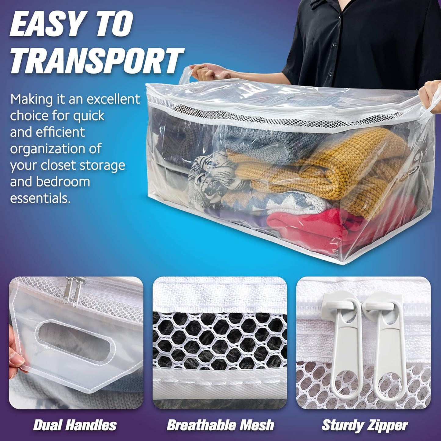 HIBAG 20 Gallon Large Storage Bag for Clothes, Zipper Clothing Storage Bag, Clear Organizer with Reinforced Handles, for Comforters Blankets Pillows Bedding (4 Pack)