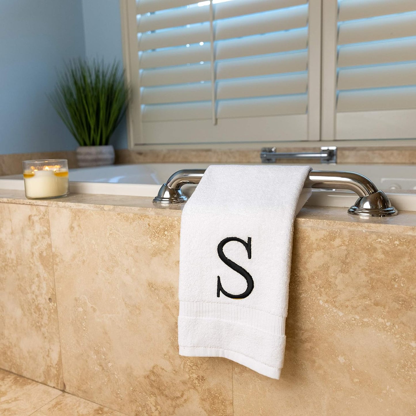 Black Letter Hand Towel for Bathroom - Monogrammed Initial Hotel Quality Decorative Embroidered Towel for Powder Room, Spa - GOTS Organic Certified - Set of 2 Letter S