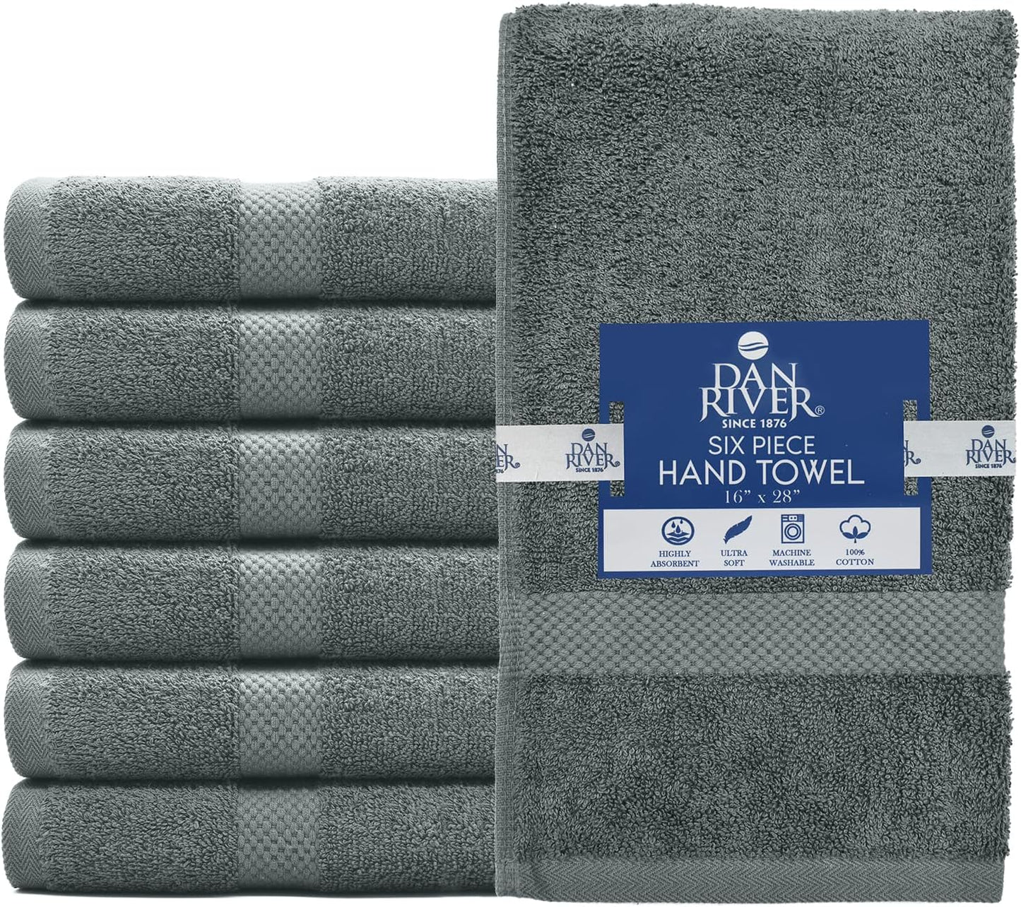 DAN RIVER 6-Pack Premium Hand Towels (16x28 Inches) - 100% Cotton, Ultra Soft, Lightweight, Highly Absorbent Towels for Bathroom, Spa, Gym, Salon, Hotel, and Travel - 550 GSM โ Gray