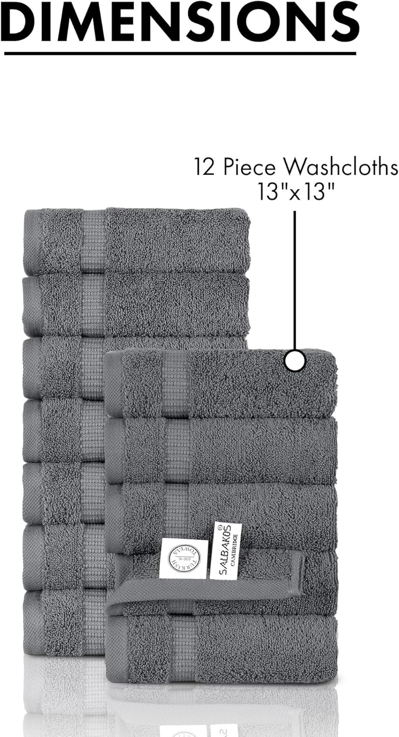 SALBAKOS 100% Turkish Cotton Washcloth Set of 12 13x13 inch | Heirloom Quality | Hotel & Spa Collection | Ultra Soft, Super Absorbent, Washcloth Towels | Made in Turkey (Gray, 12 Washcloths)