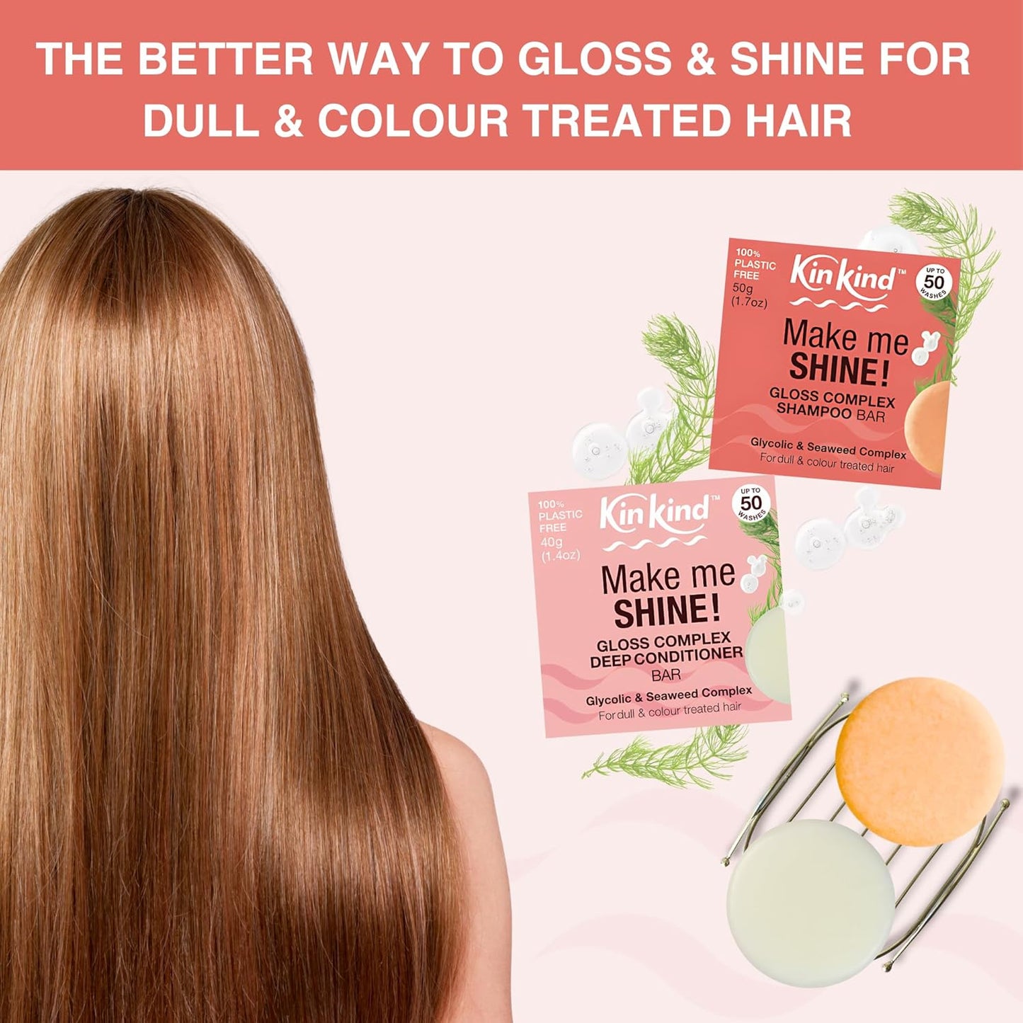 KinKind Shine Gloss Complex Deep Hair Conditioner Bar - Glycolic Acid & Seaweed Gloss Complex - For Colour-Treated Hair & Dull Hair - Colour Conditioner - UK Made - Up to 50 Washes - Vegan