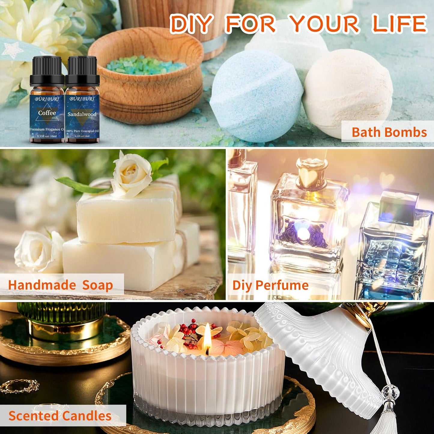 BURIBURI Sandalwood Oil Essential Oil and Coffee Essential Oil 10ml, 100% Pure Coffee Fragrance Oil for Diffuser, Massage