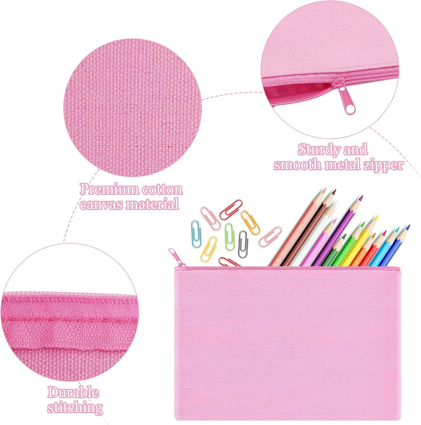 12 Pieces Cotton Canvas Makeup Bag, Multipurpose Cosmetic Bag with Zipper Travel Toiletry Pouch, Blank DIY Craft Bag (Pink, S)