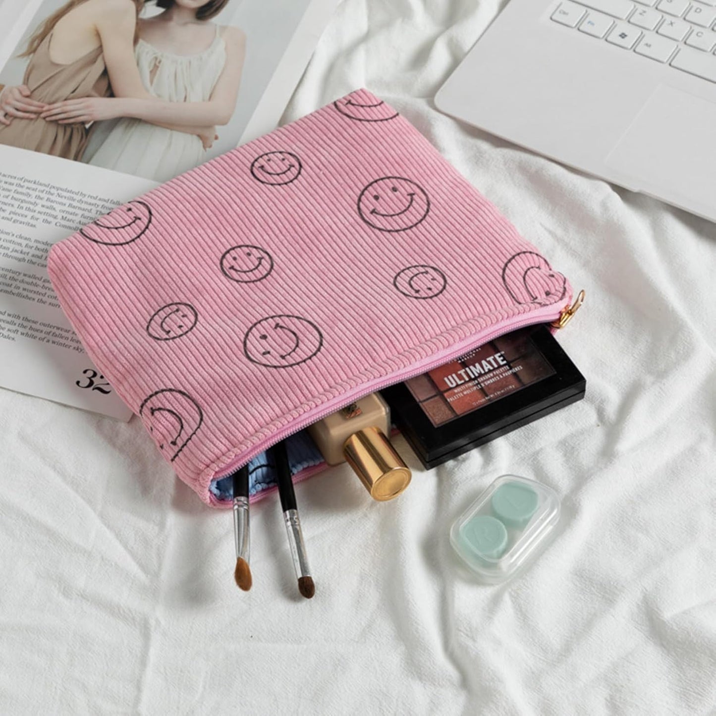 Cosmetic Bags for Women - Corduroy Cosmetic Bag Aesthetic Women Handbags Purses Smile Dots Makeup Organizer Storage Makeup Bag Girls Case Bags (Double Pink Blue)