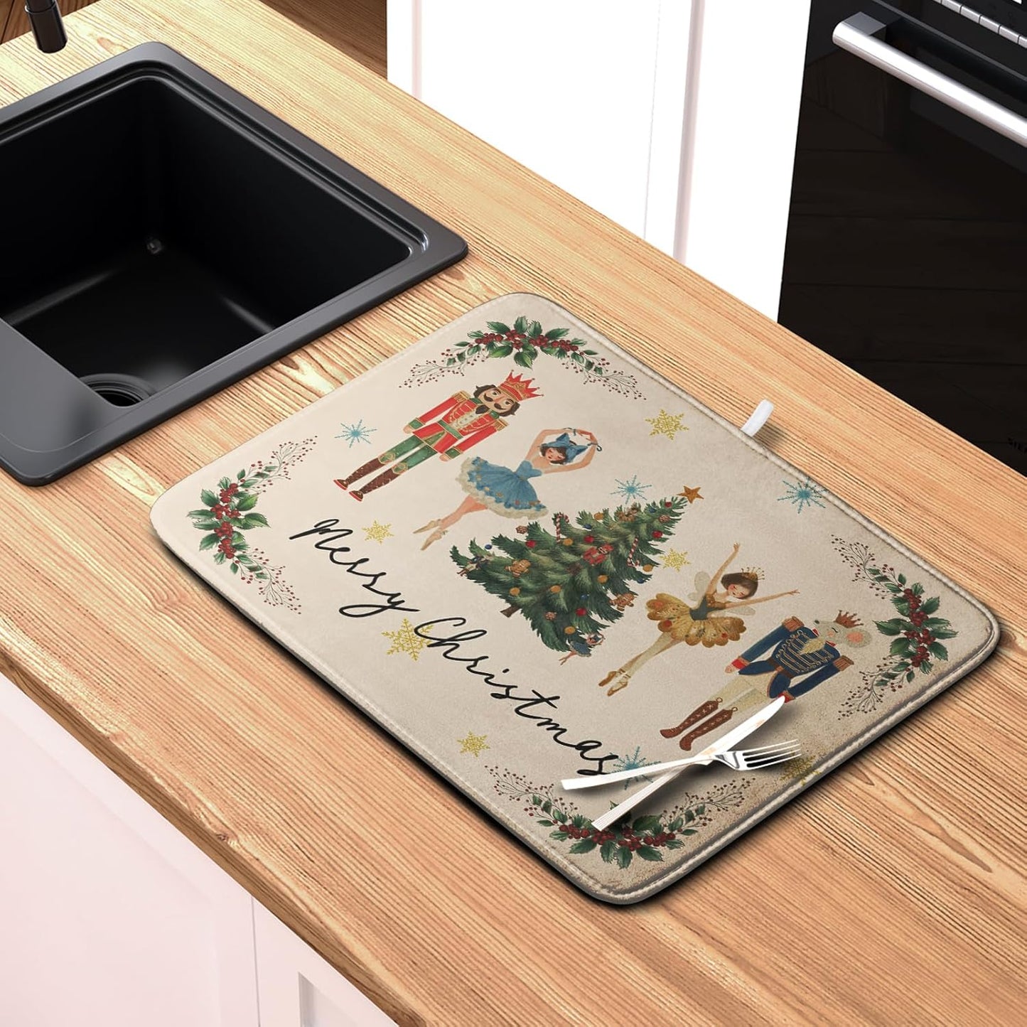 Merry Christmas Nutcracker Dish Drying Mat for Kitchen Counter 16x18 Inch Winter Xmas Tree Snowflakes Drying Mats Microfiber Absorbent Dish Drainer Washable Dish Rack Pad for Sink Coffee Bar