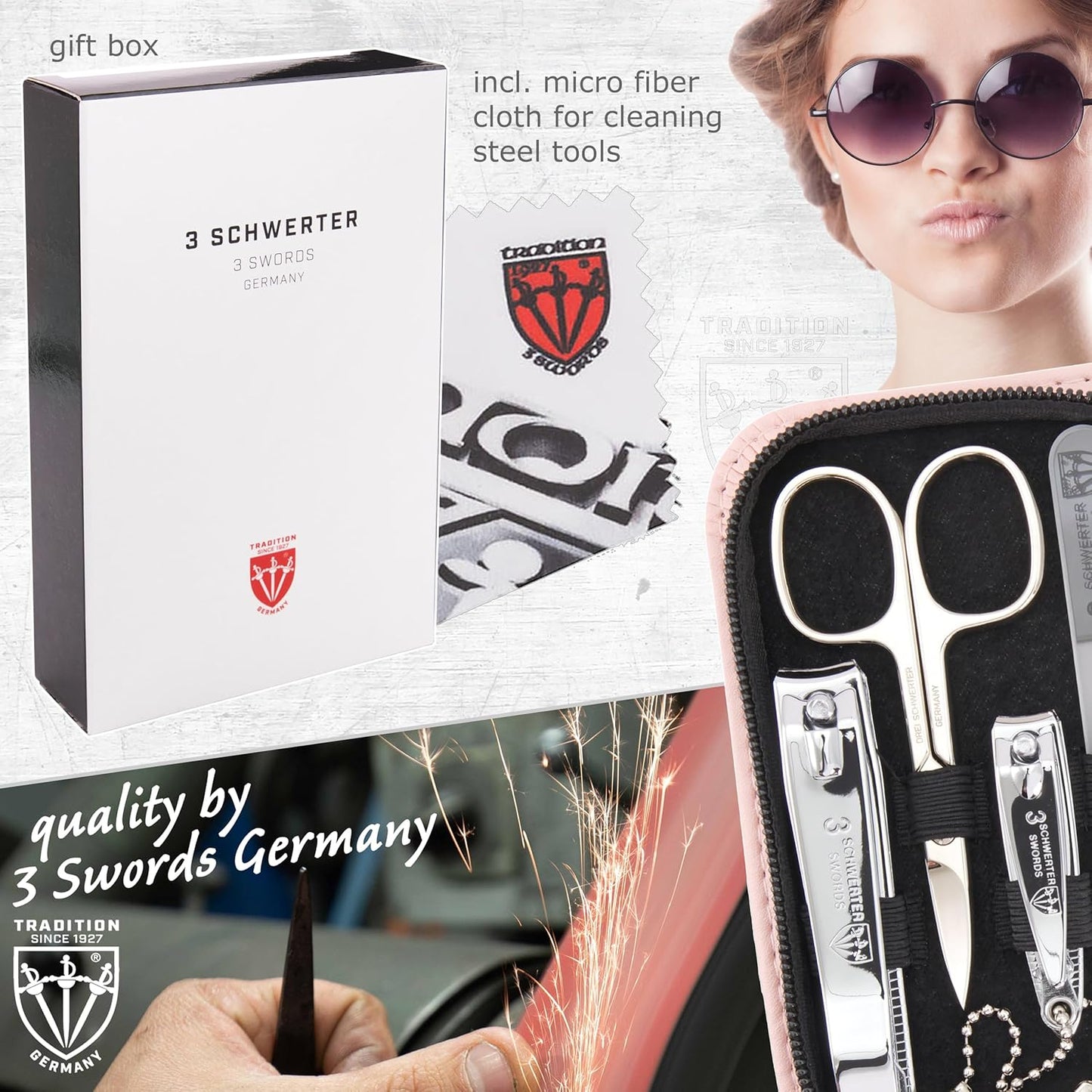 3 Swords Germany - brand quality 8 piece manicure pedicure grooming kit set synthetic leather case light pink - Made in Germany