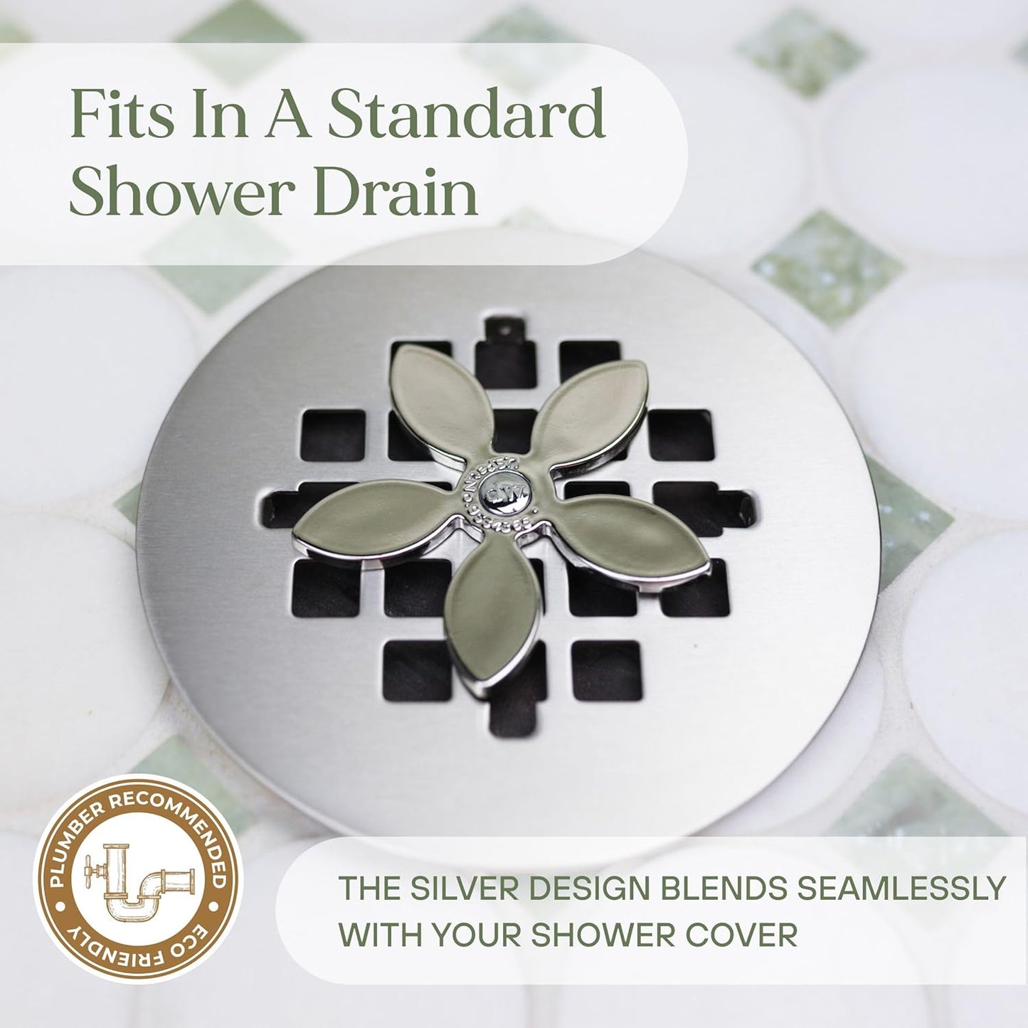 DrainWig Shower Drain Hair Catcher – Disposable Silver Flower (4-Pack) – No-Touch Hair Removal for Flat Shower Drains – As Seen on Shark Tank