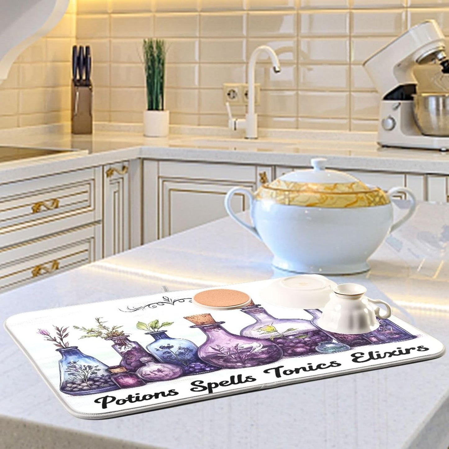 Halloween Potions Dish Drying Mat for Kitchen Countertop 16x18 Witch Herbs Purple Spooky Small Drying Mat Reusable Quick Dry Dish Sink Mats Easy Clean Decorative Essentials